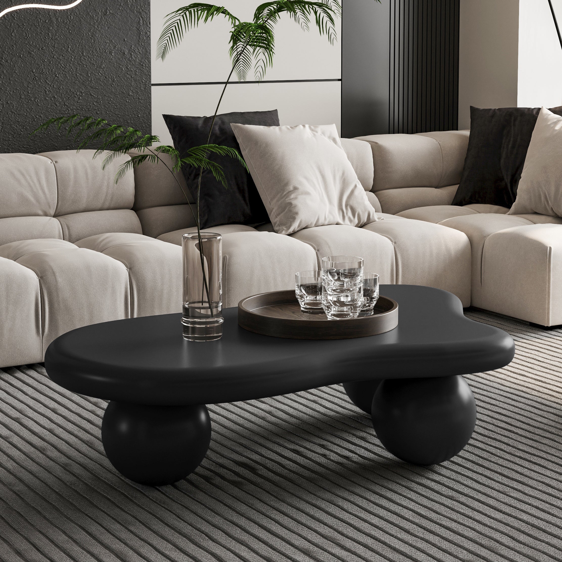 40 Inch Cloud Shaped Coffee Table with 3 Ball Legs for Living Room, Black - Image 2