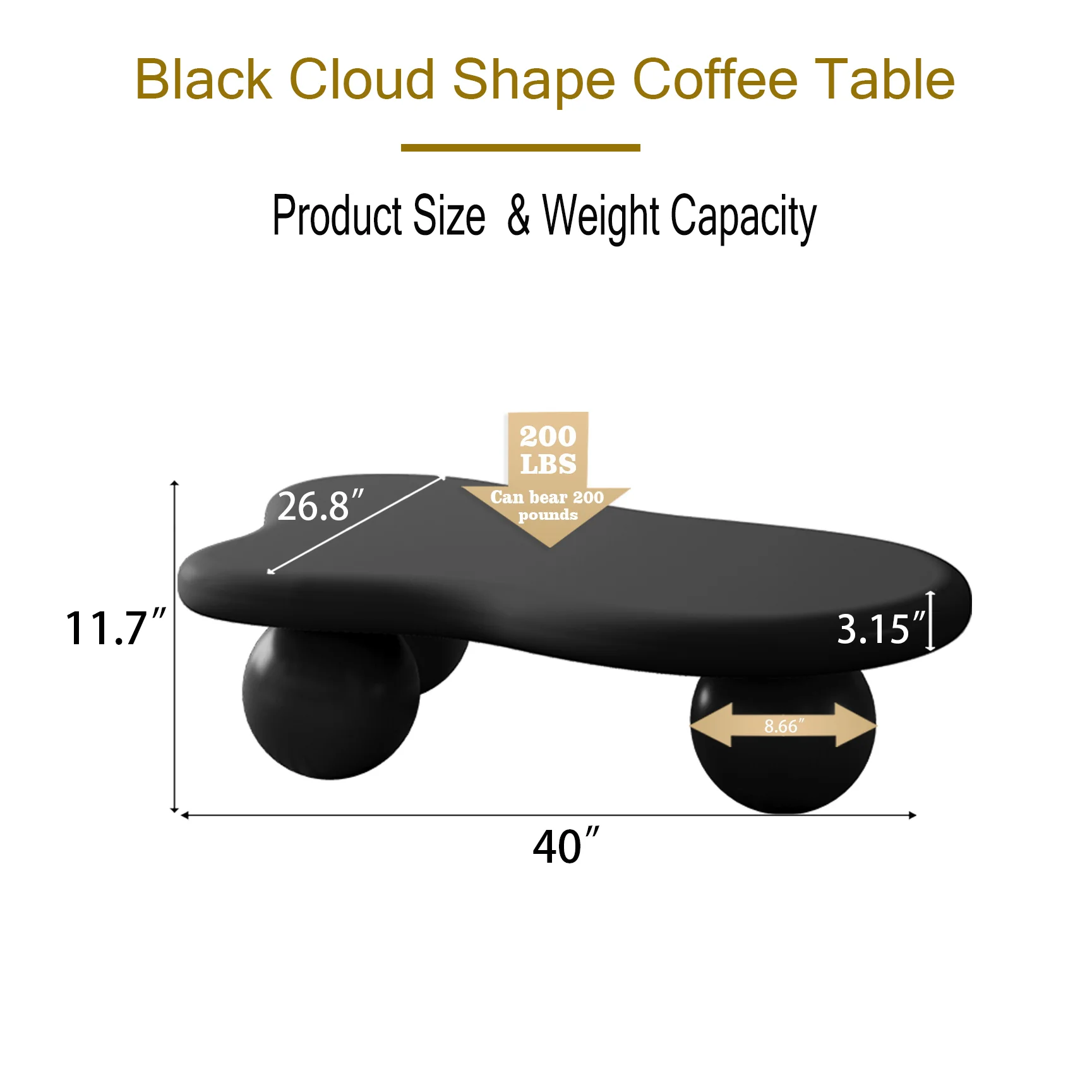 40 Inch Cloud Shaped Coffee Table with 3 Ball Legs for Living Room, Black - Image 9