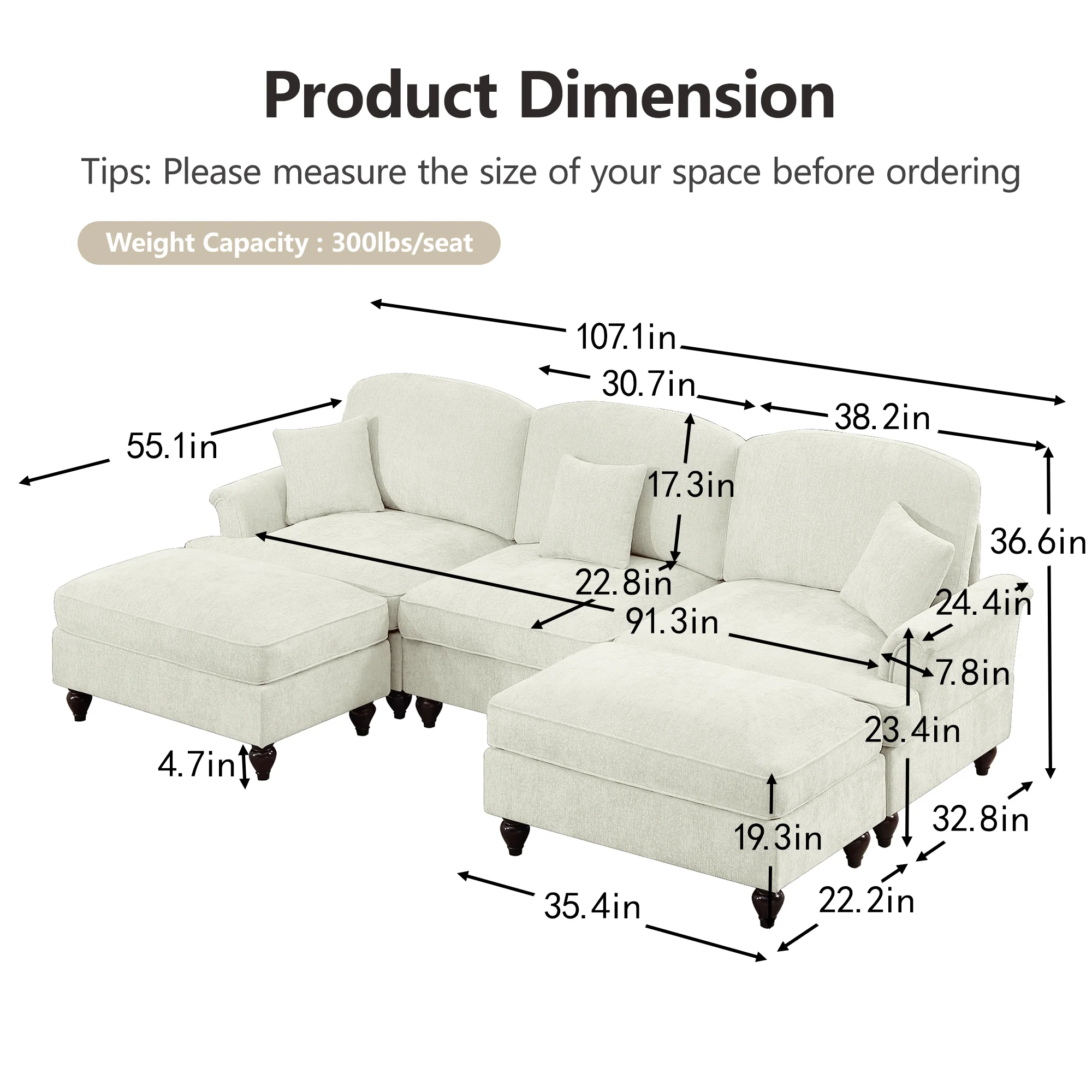 Walker Edison | 2 in 1 Classic Traditional Style Sectional Sofa with Removable Ruffles Pleats Skirts - Image 4