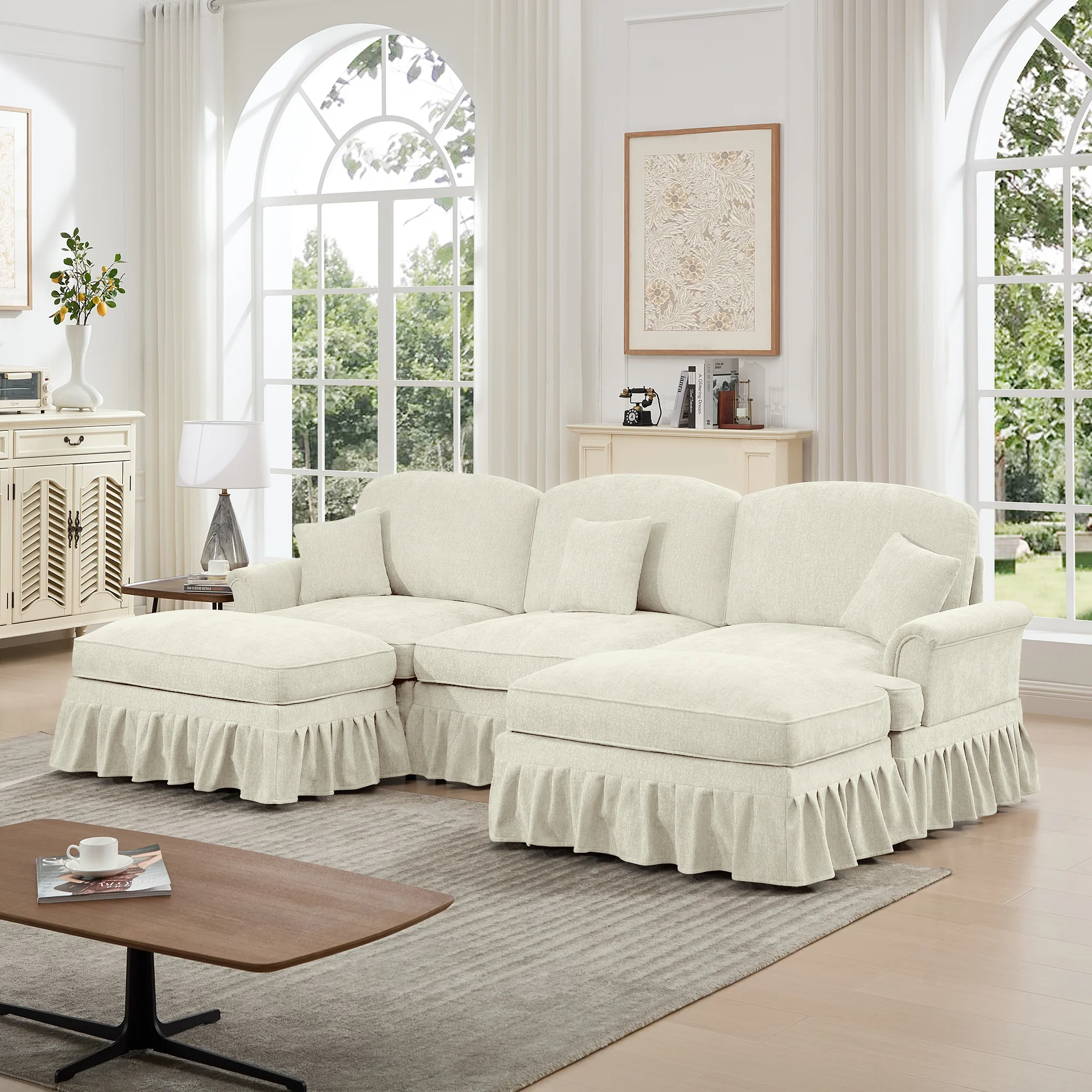 Walker Edison | 2 in 1 Classic Traditional Style Sectional Sofa with Removable Ruffles Pleats Skirts - Image 8