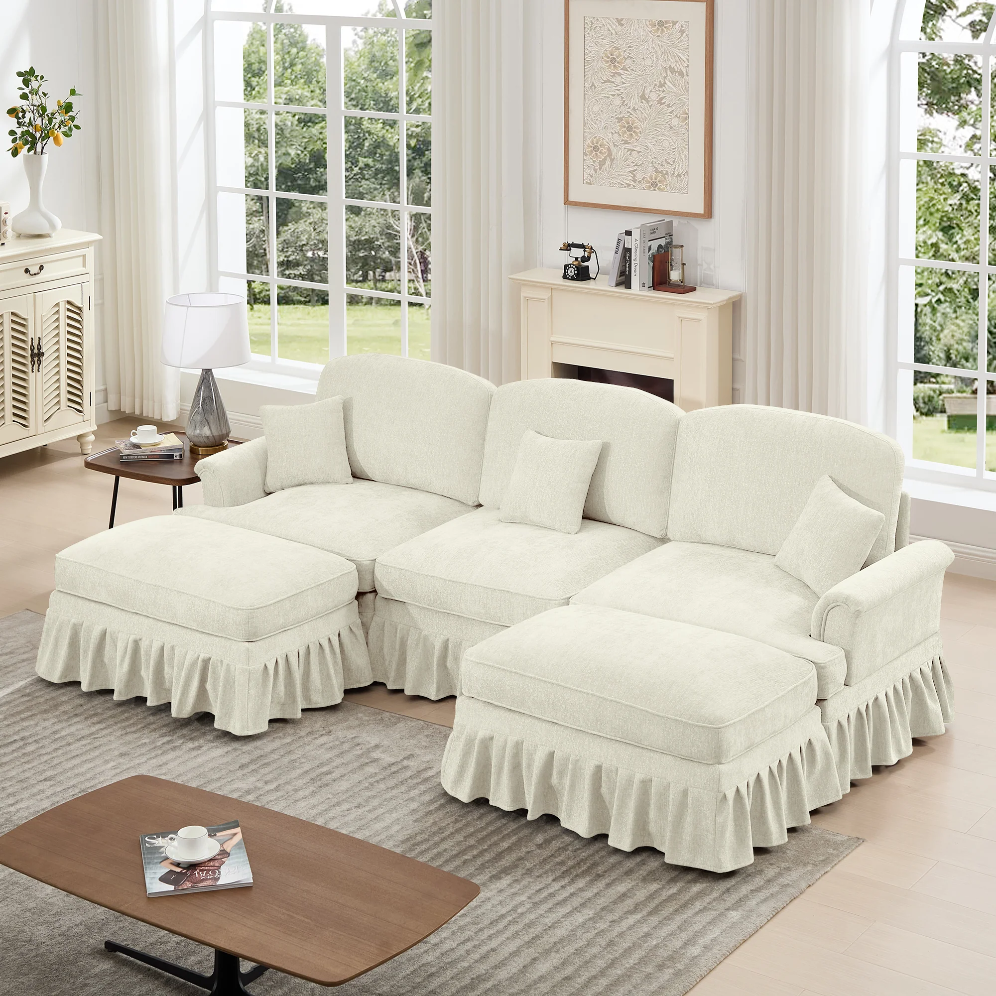Walker Edison | 2 in 1 Classic Traditional Style Sectional Sofa with Removable Ruffles Pleats Skirts - Image 9