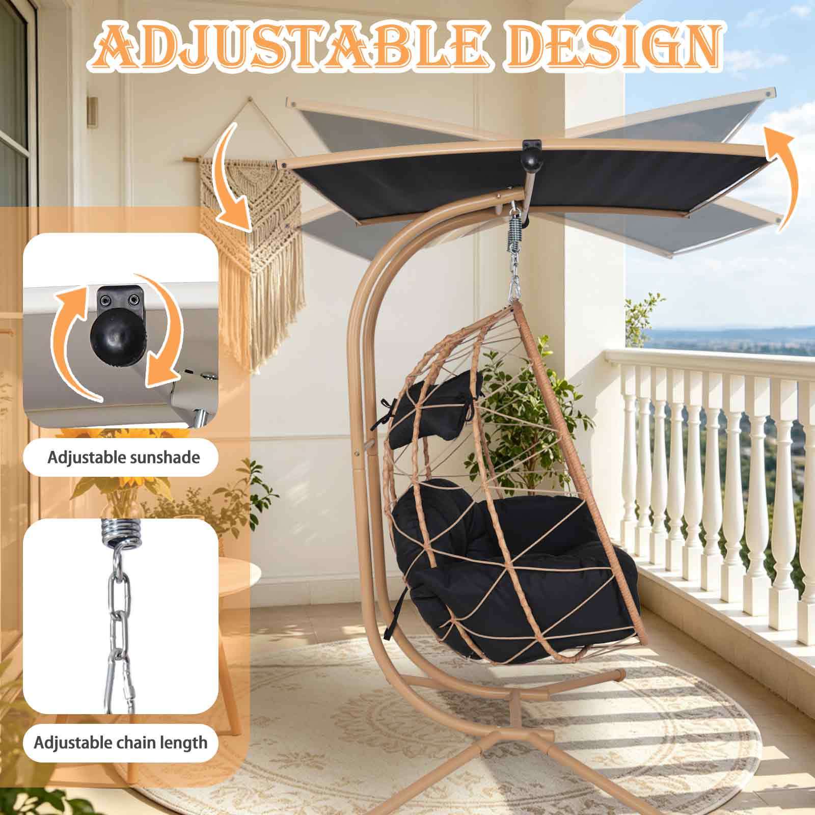 2-Person Wicker Hanging Egg Chair with Adjustable Canopy for Outdoor & Indoor - Image 5