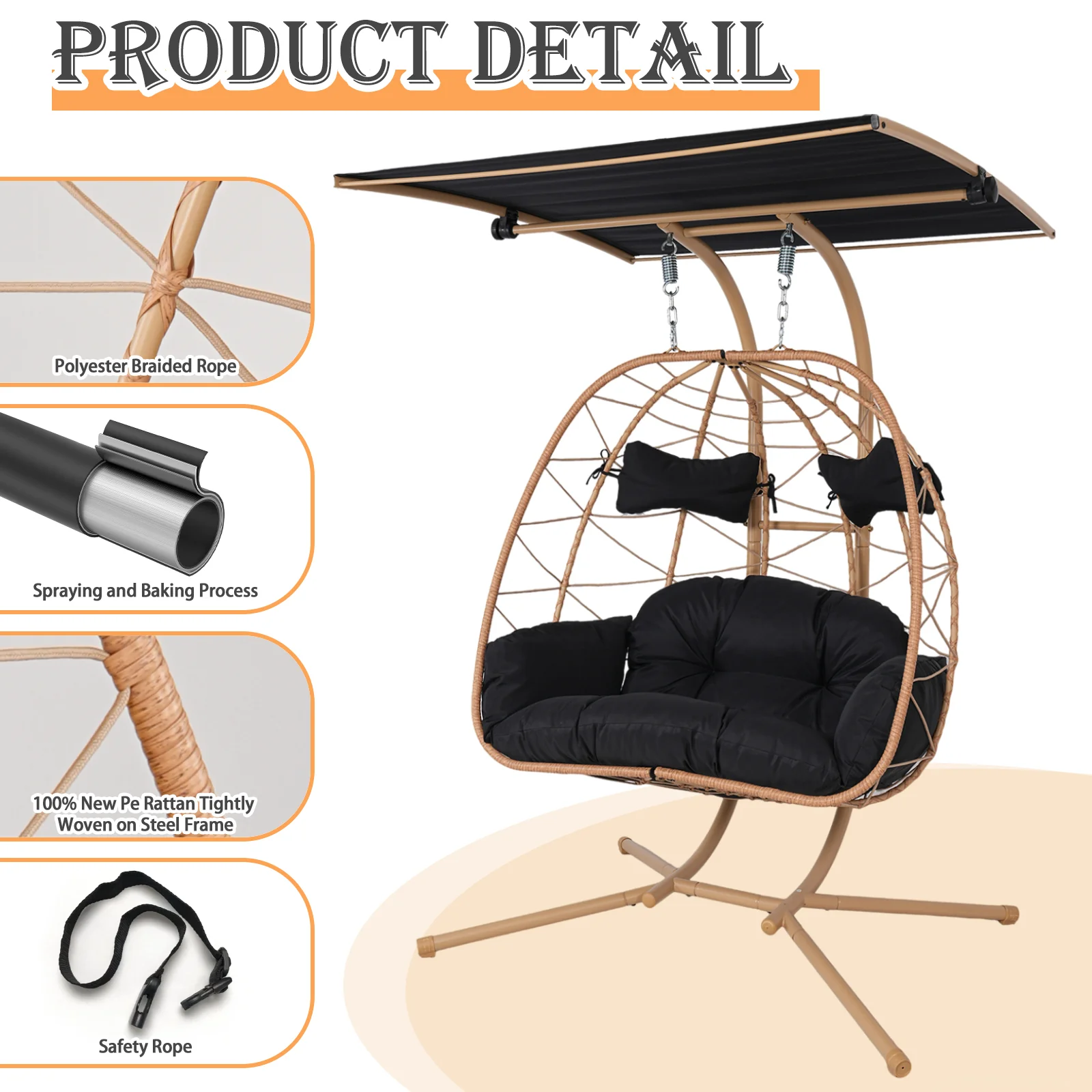 2-Person Wicker Hanging Egg Chair with Adjustable Canopy for Outdoor & Indoor - Image 6