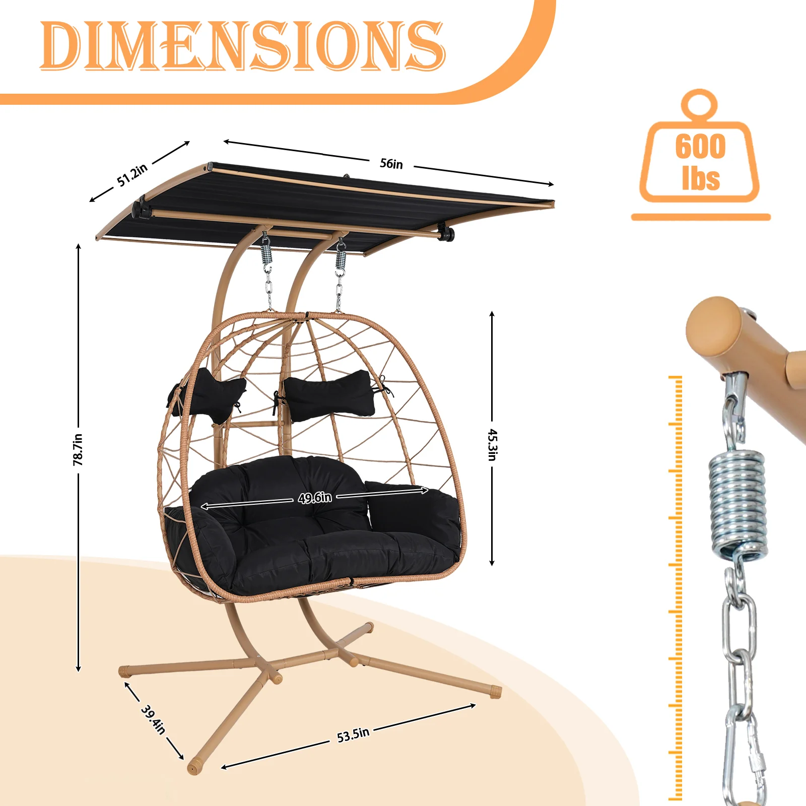 2-Person Wicker Hanging Egg Chair with Adjustable Canopy for Outdoor & Indoor - Image 7
