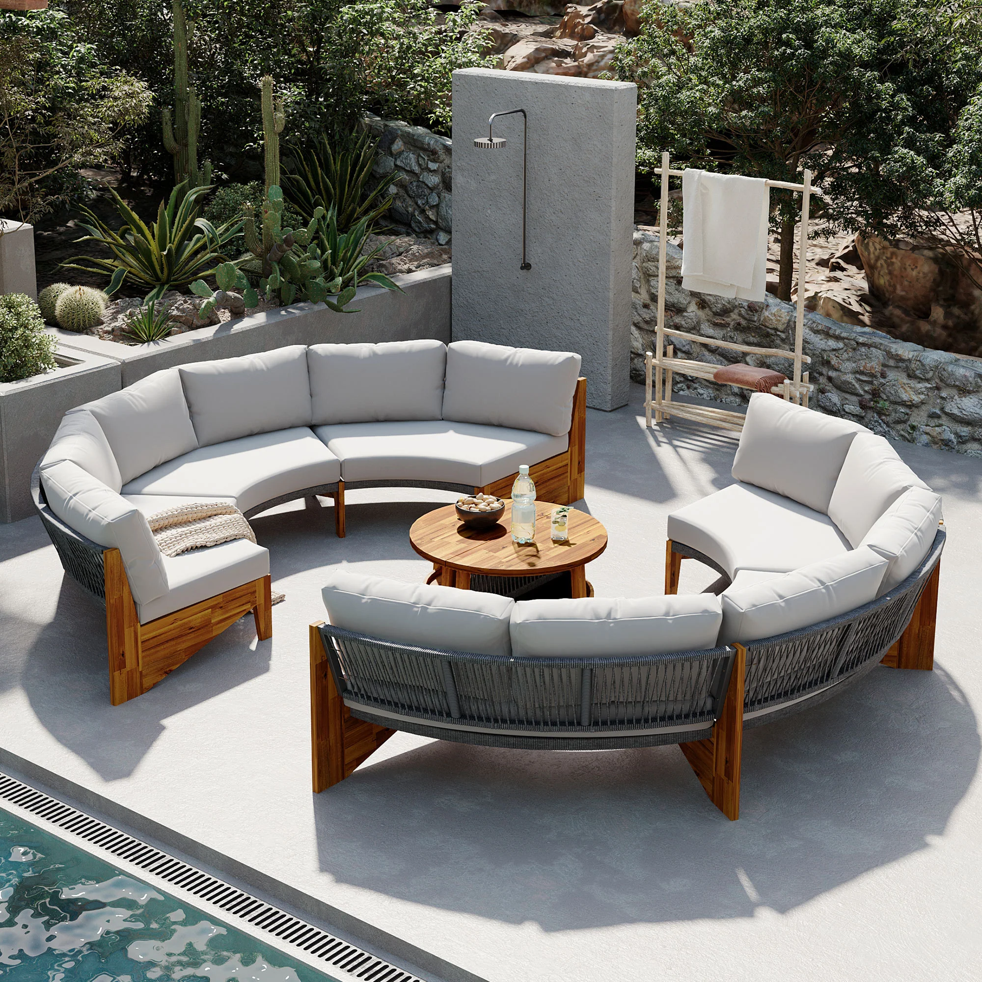 2 Semi-Circle 3-Piece Outdoor Sofa Set for 6 with Acacia Wood Coffee Table