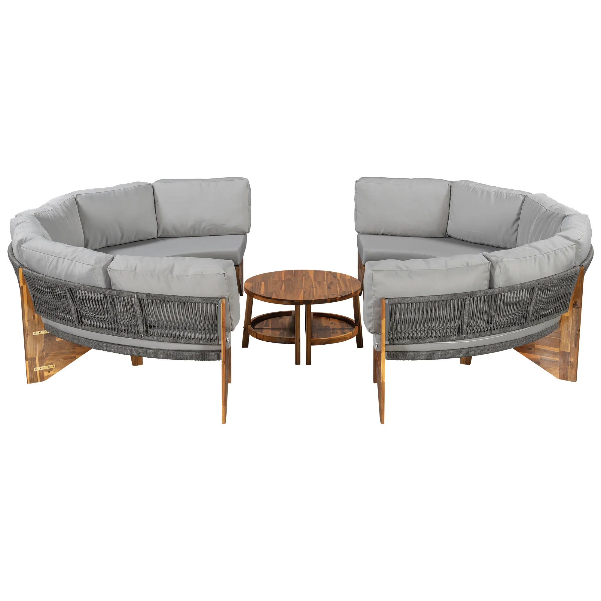 2 Semi-Circle 3-Piece Outdoor Sofa Set for 6 with Acacia Wood Coffee Table - Image 11