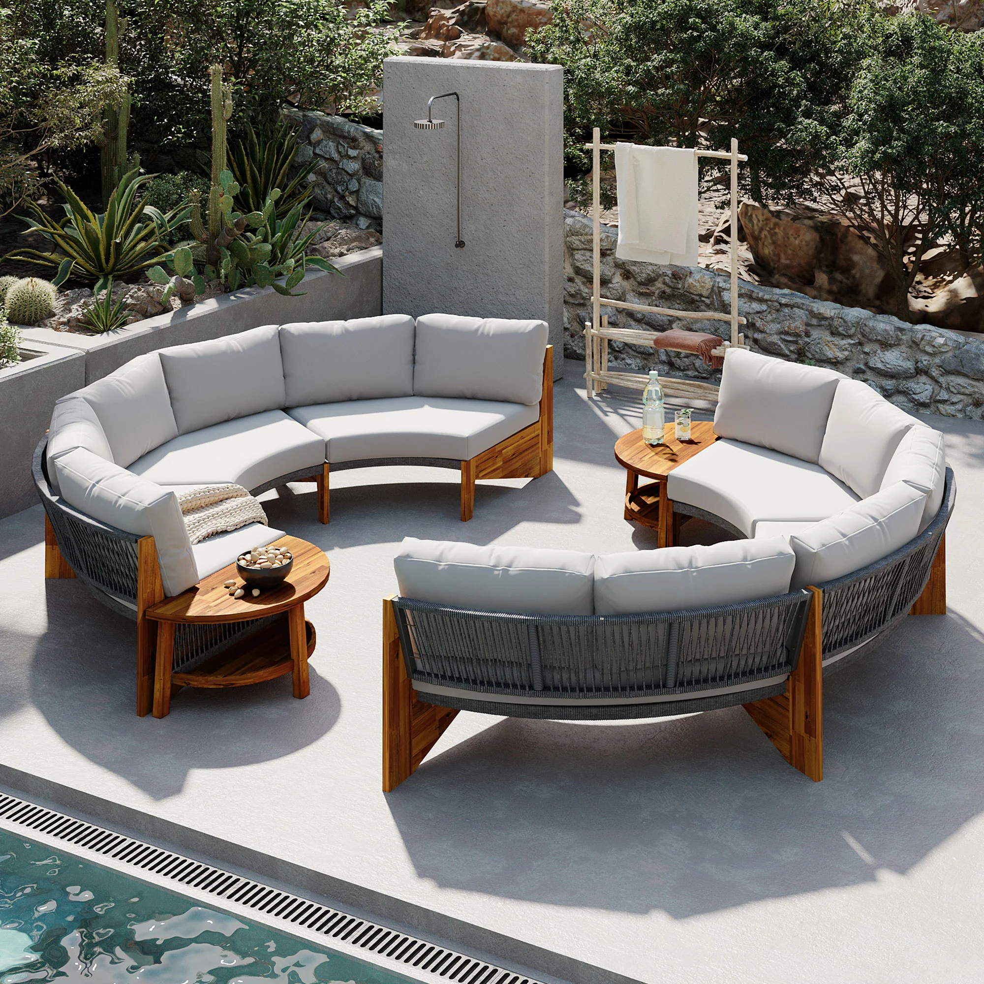 2 Semi-Circle 3-Piece Outdoor Sofa Set for 6 with Acacia Wood Coffee Table - Image 2
