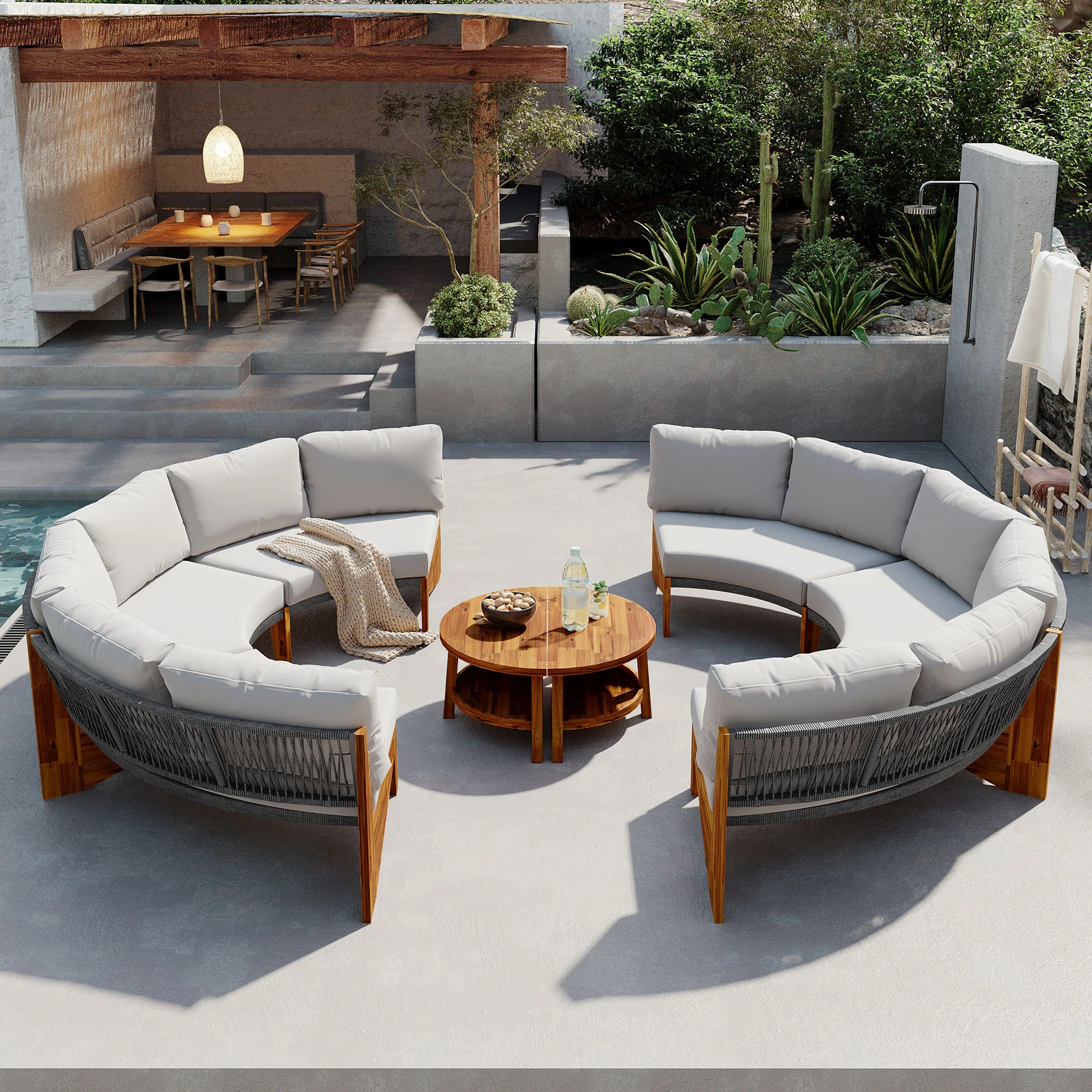 2 Semi-Circle 3-Piece Outdoor Sofa Set for 6 with Acacia Wood Coffee Table - Image 3