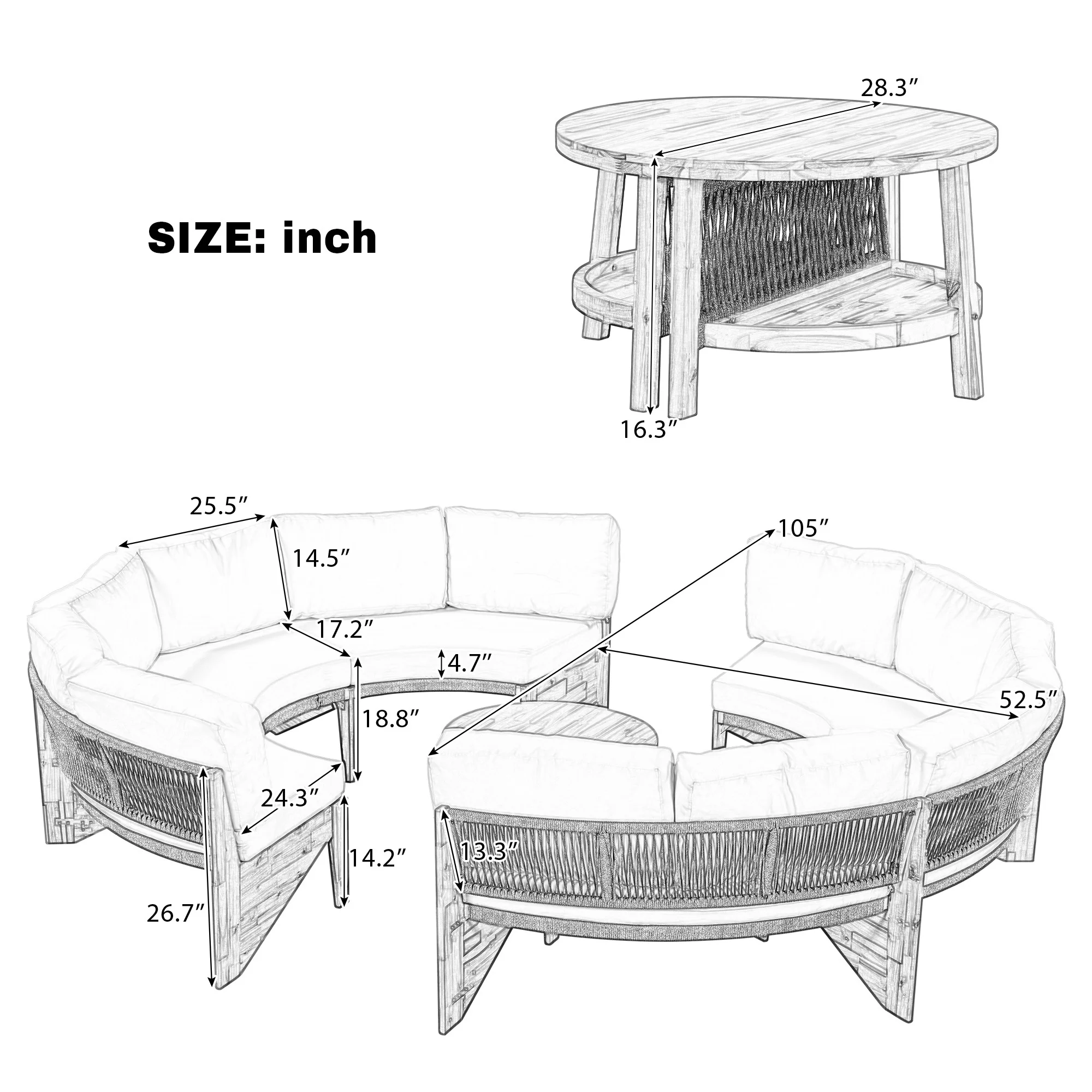 2 Semi-Circle 3-Piece Outdoor Sofa Set for 6 with Acacia Wood Coffee Table - Image 4