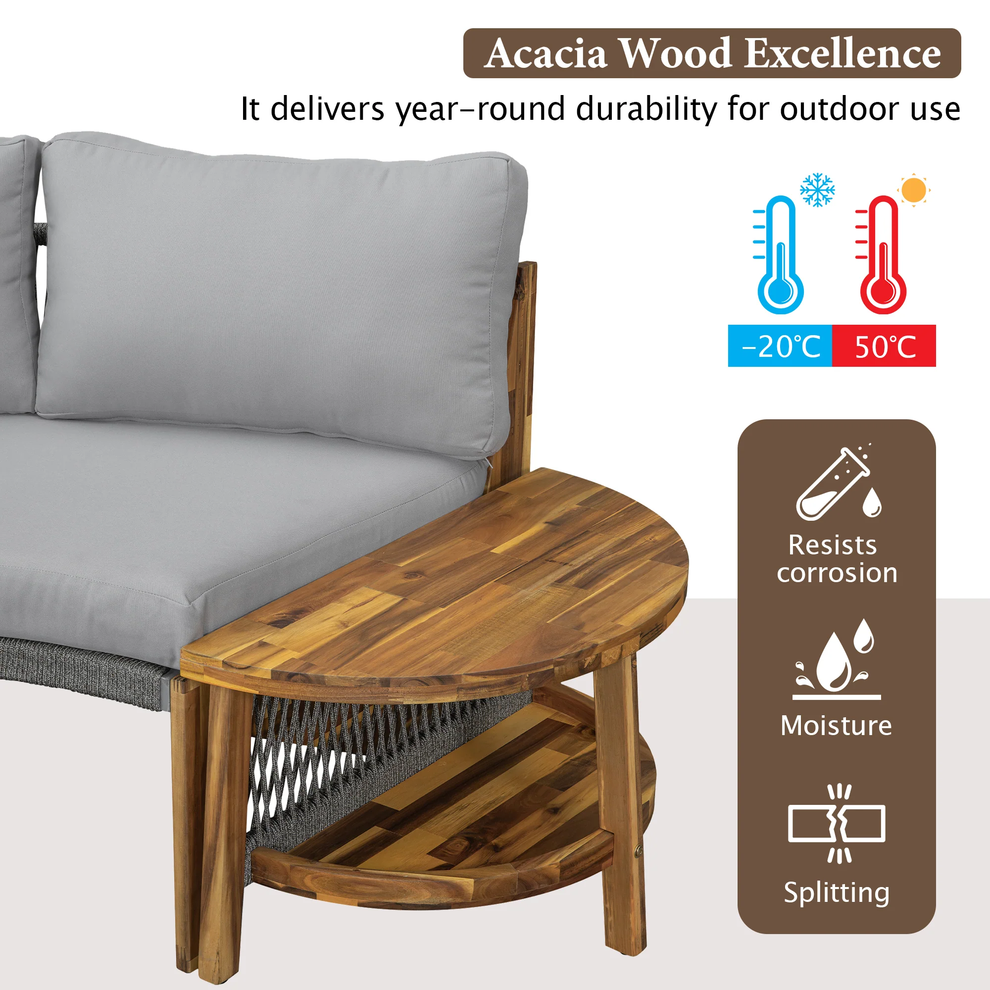 2 Semi-Circle 3-Piece Outdoor Sofa Set for 6 with Acacia Wood Coffee Table - Image 5
