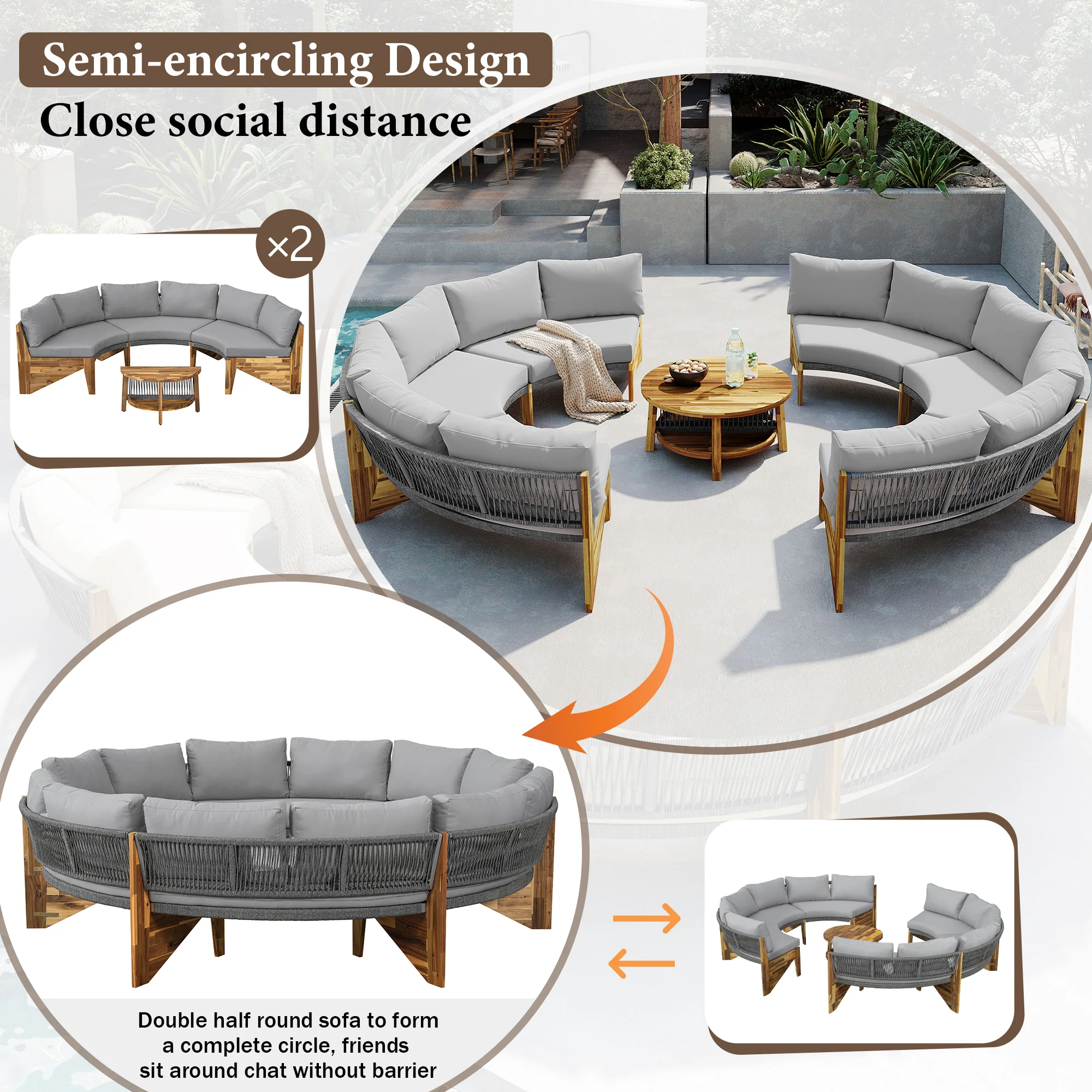 2 Semi-Circle 3-Piece Outdoor Sofa Set for 6 with Acacia Wood Coffee Table - Image 6