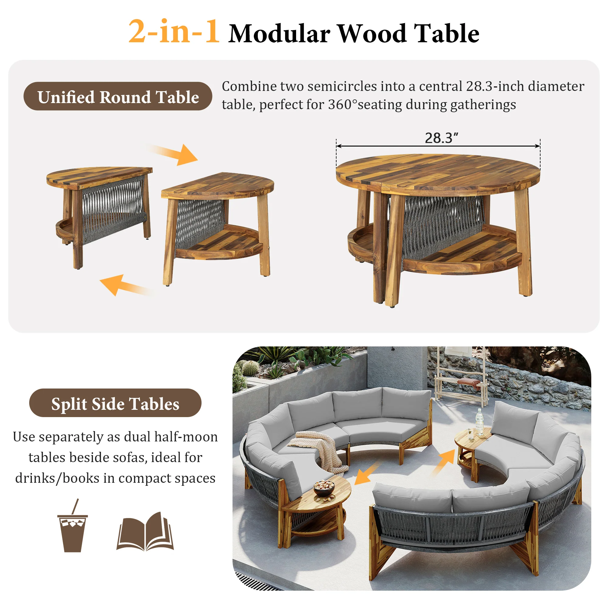 2 Semi-Circle 3-Piece Outdoor Sofa Set for 6 with Acacia Wood Coffee Table - Image 7