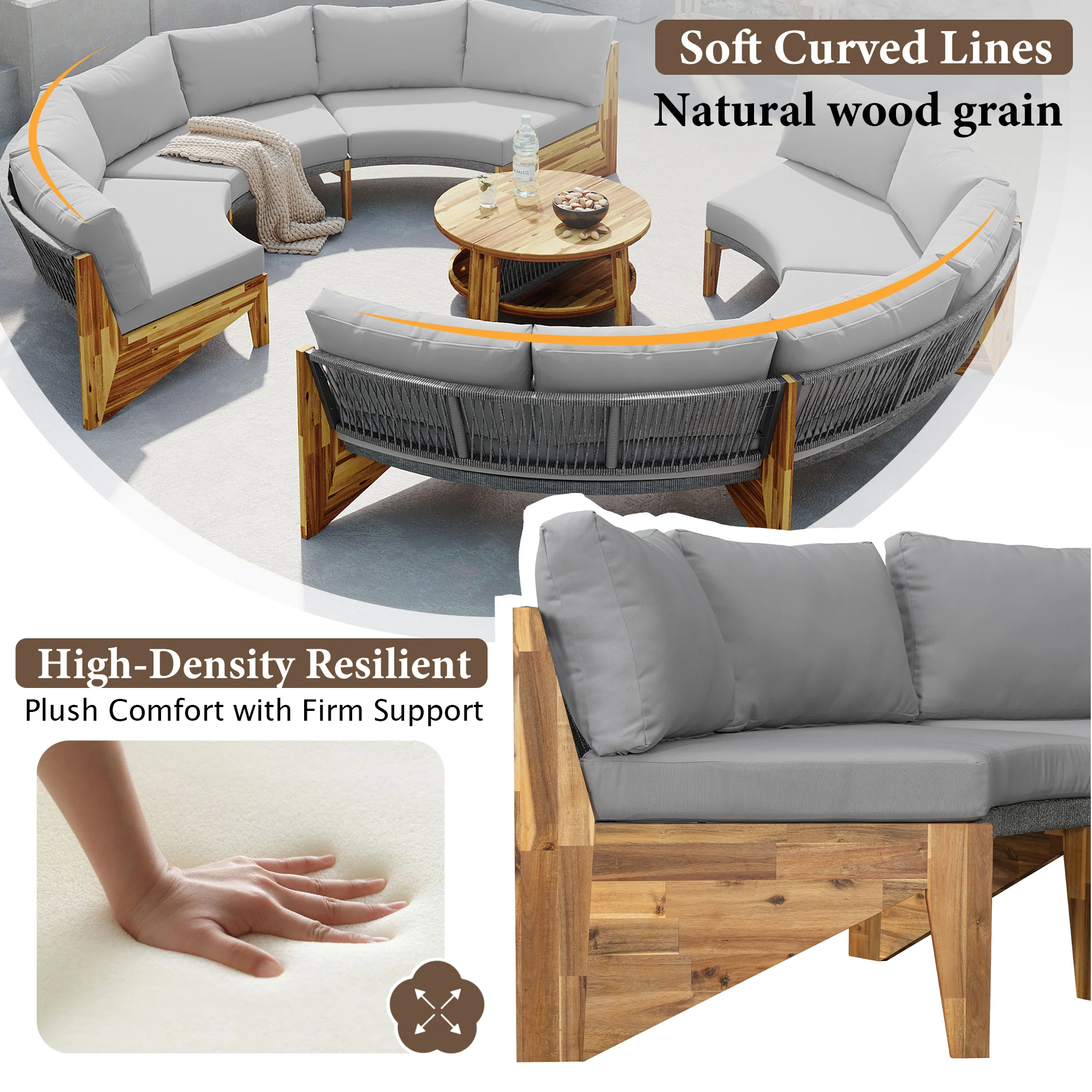 2 Semi-Circle 3-Piece Outdoor Sofa Set for 6 with Acacia Wood Coffee Table - Image 8