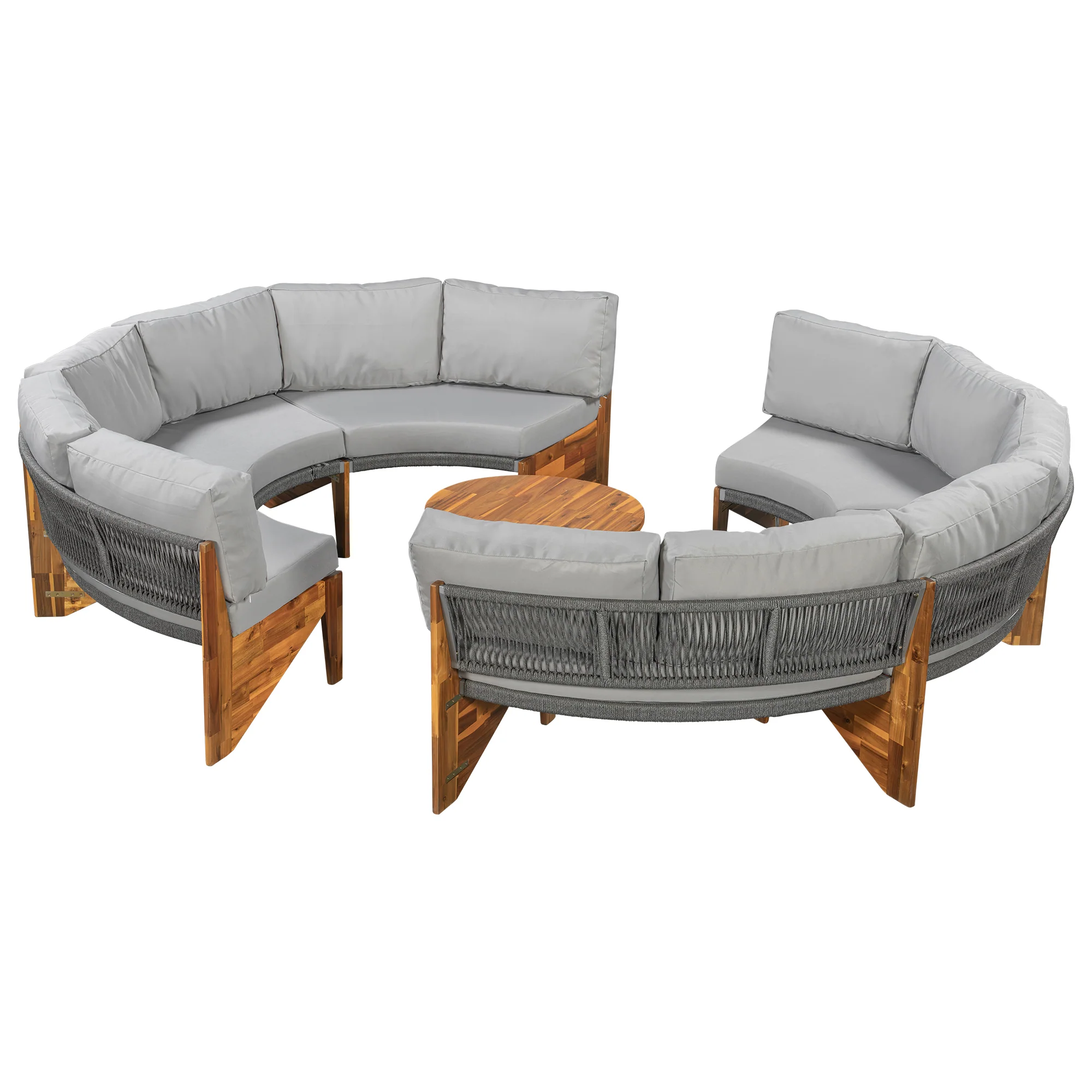 2 Semi-Circle 3-Piece Outdoor Sofa Set for 6 with Acacia Wood Coffee Table - Image 9