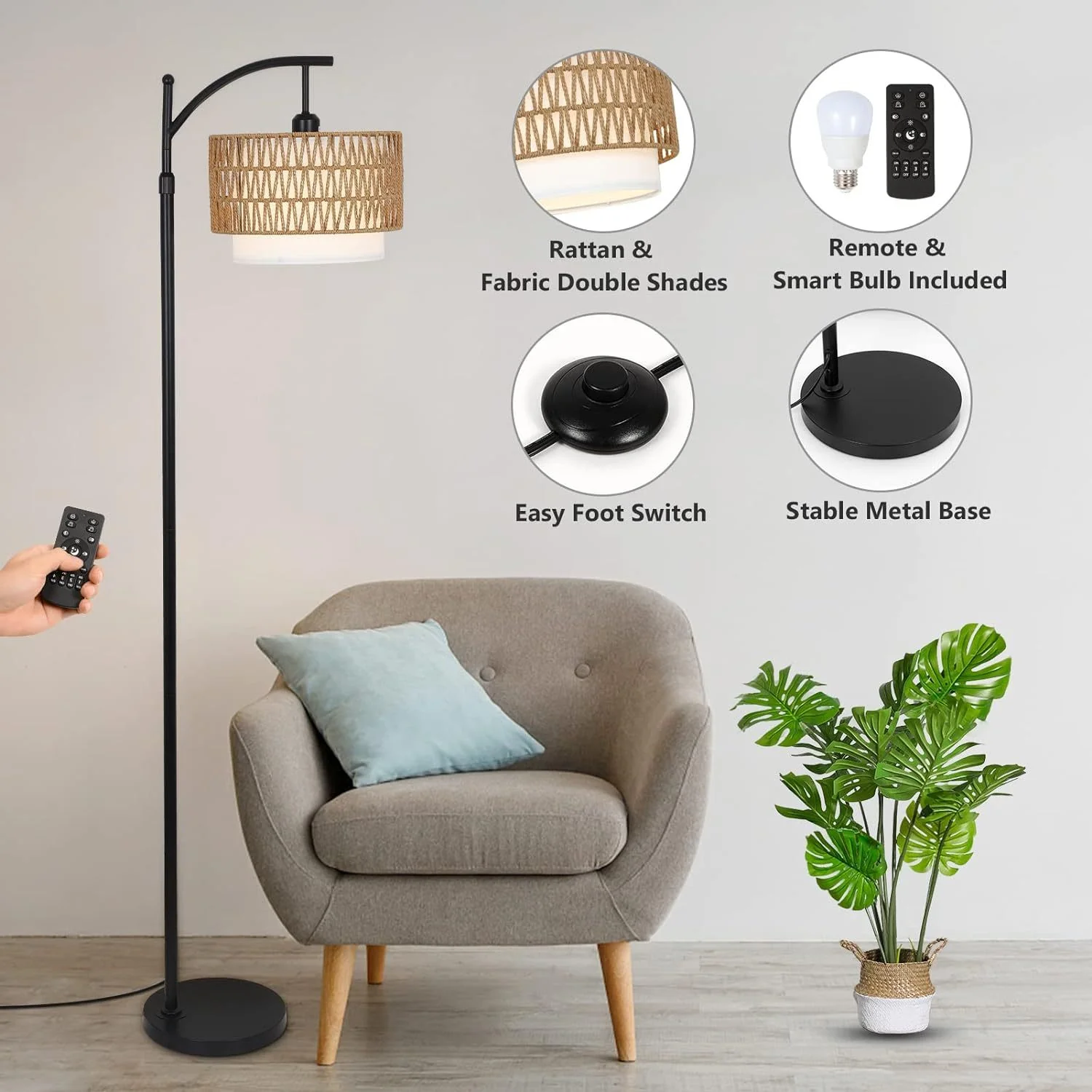 Walker Edison | Boho Arc Floor Lamp for Living Room with 3 Color Temperatures - Image 2