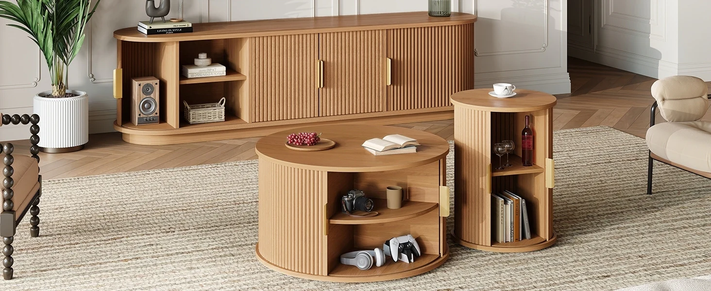 3 Piece Fluted Teak TV Stand & Coffee Table Set with Storage - Image 26