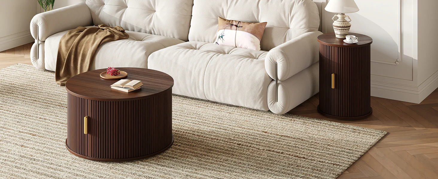 3 Piece Fluted Teak TV Stand & Coffee Table Set with Storage - Image 28