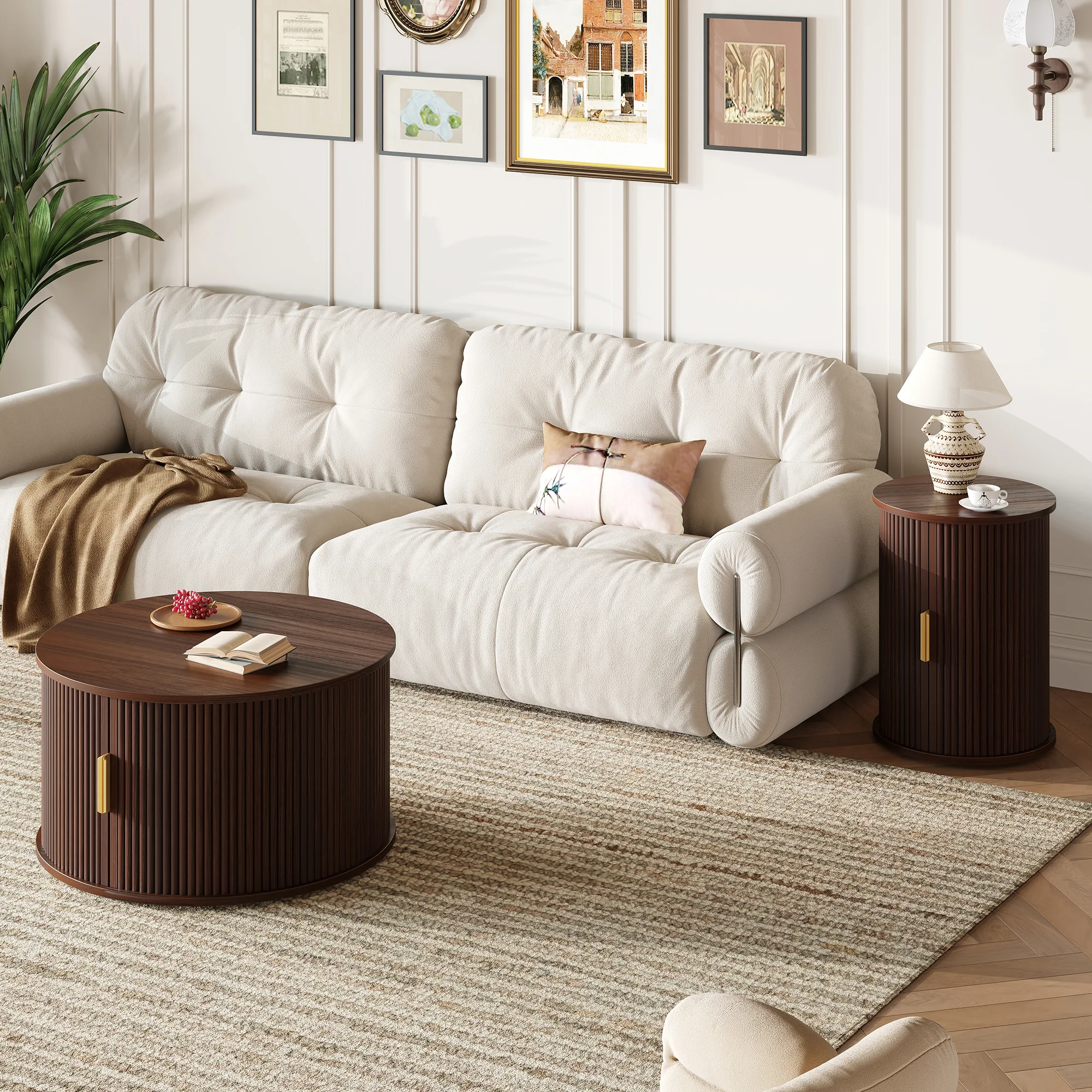 3 Piece Fluted Teak TV Stand & Coffee Table Set with Storage - Image 29