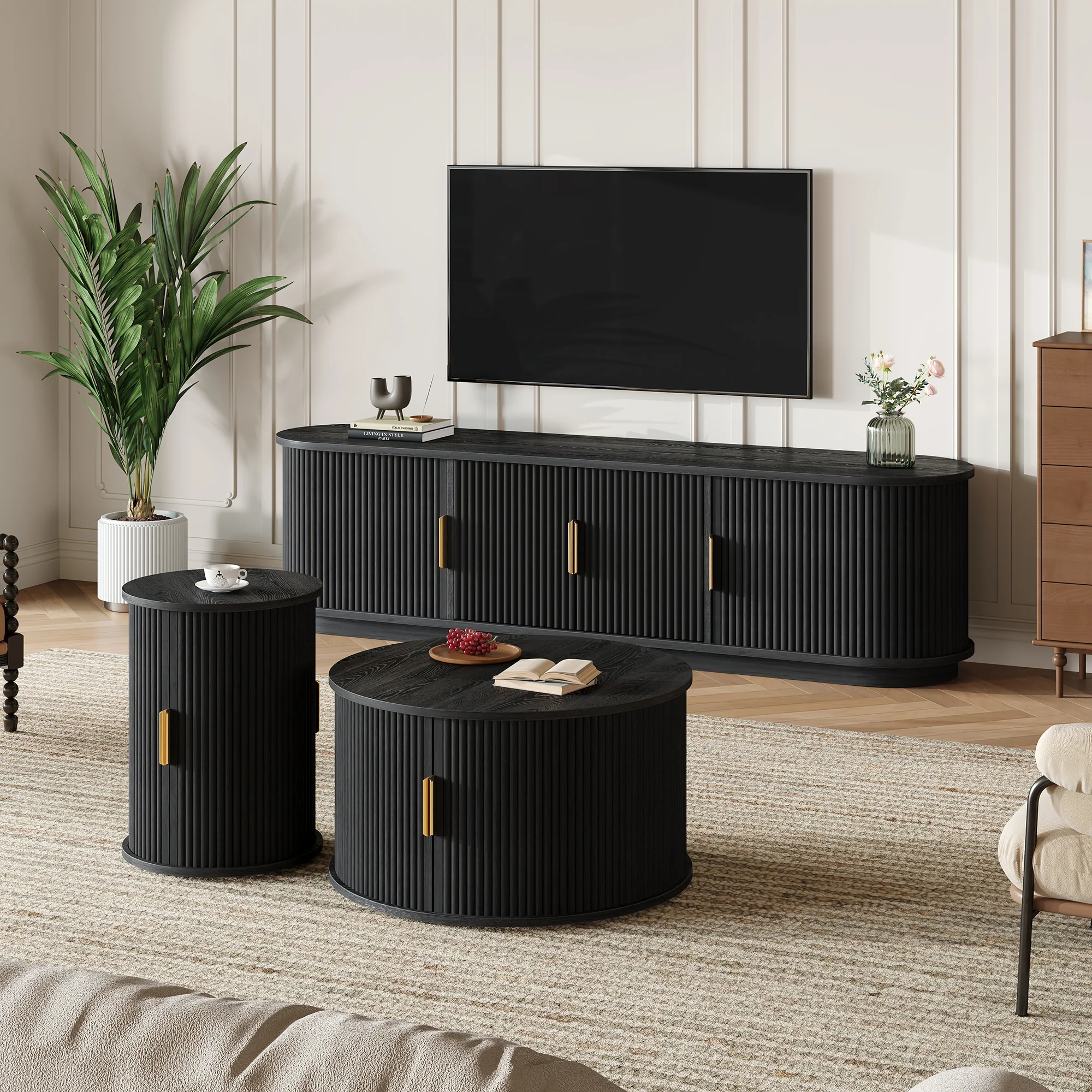 3 Piece Fluted Teak TV Stand & Coffee Table Set with Storage - Image 3