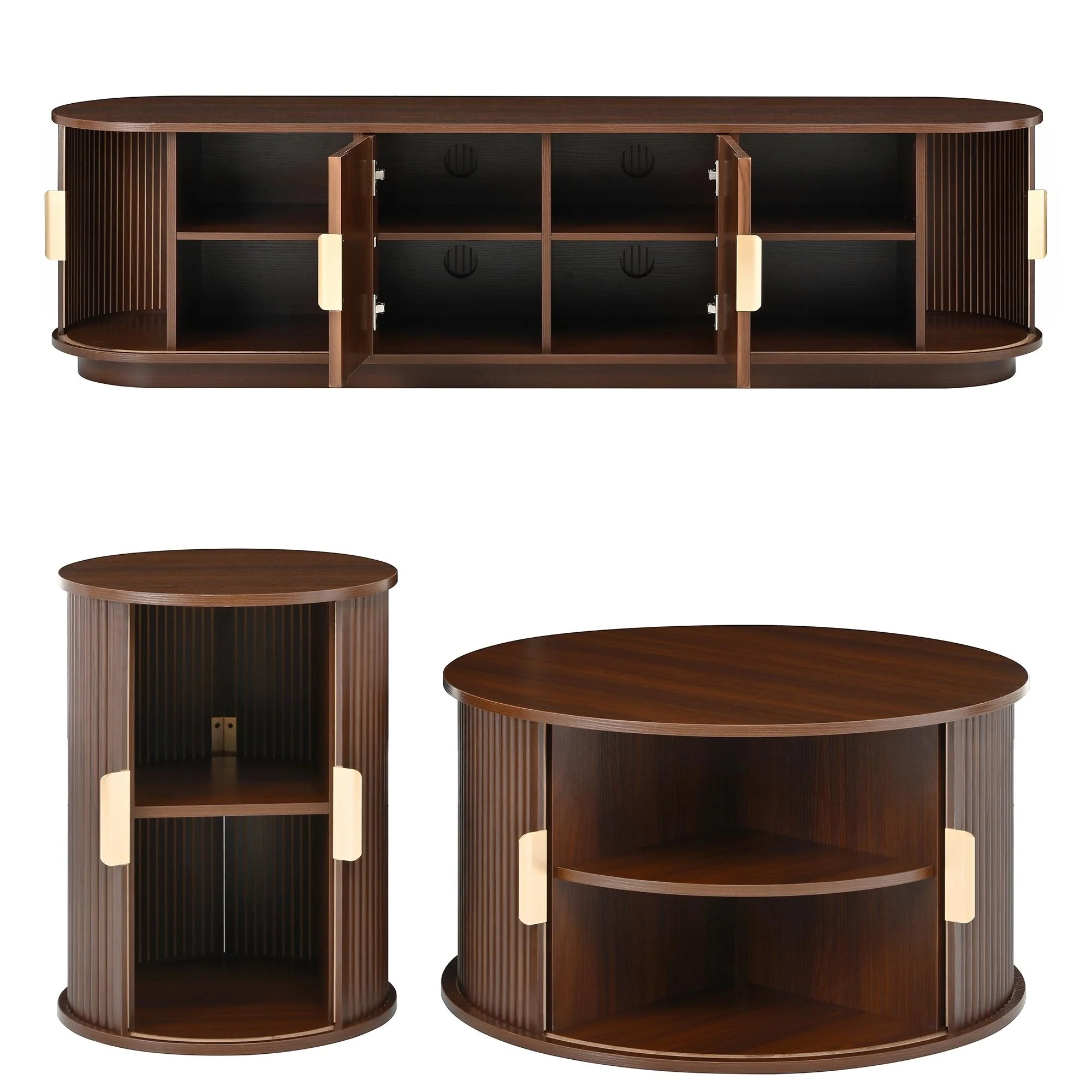 3 Piece Fluted Teak TV Stand & Coffee Table Set with Storage - Image 36