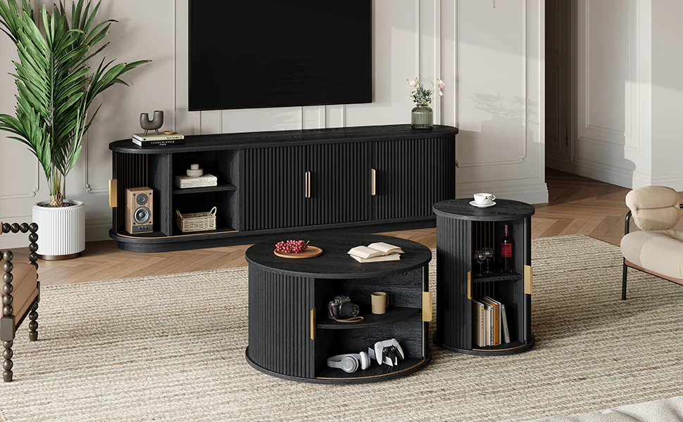 3 Piece Fluted Teak TV Stand & Coffee Table Set with Storage - Image 54