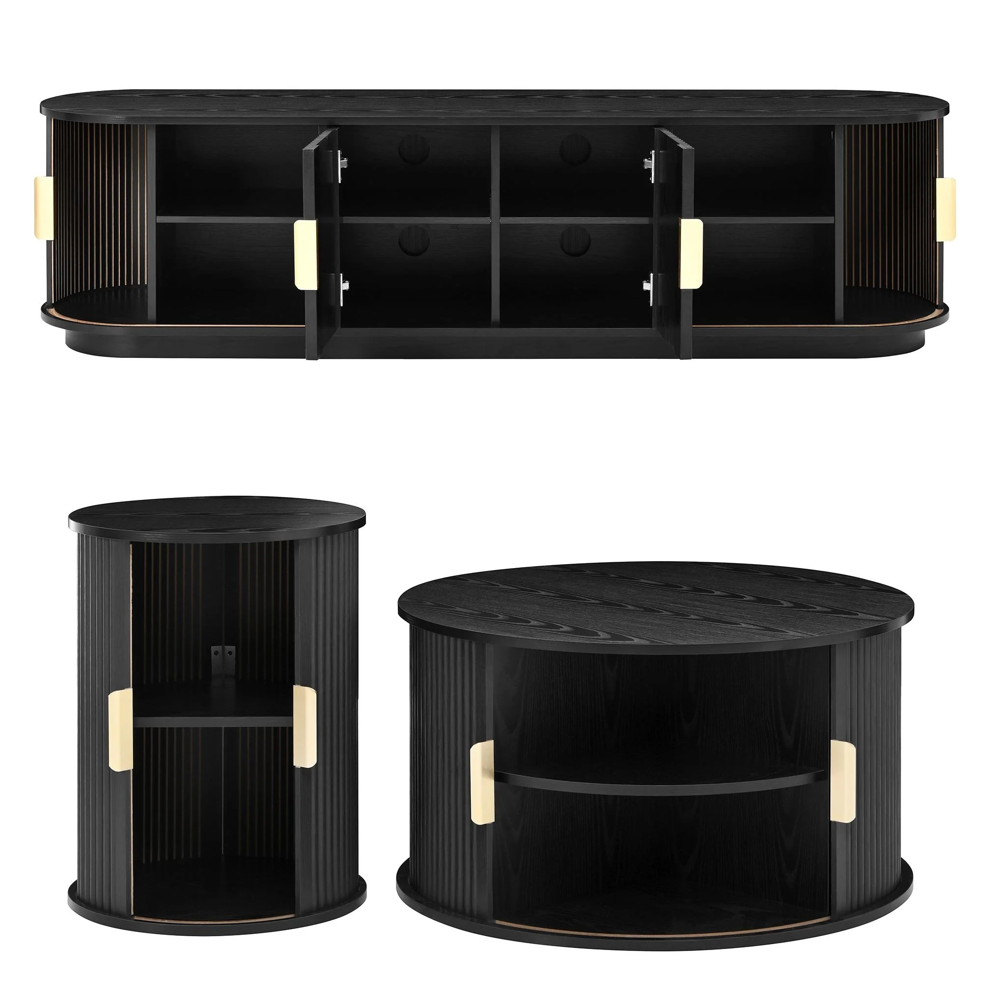 3 Piece Fluted Teak TV Stand & Coffee Table Set with Storage - Image 68
