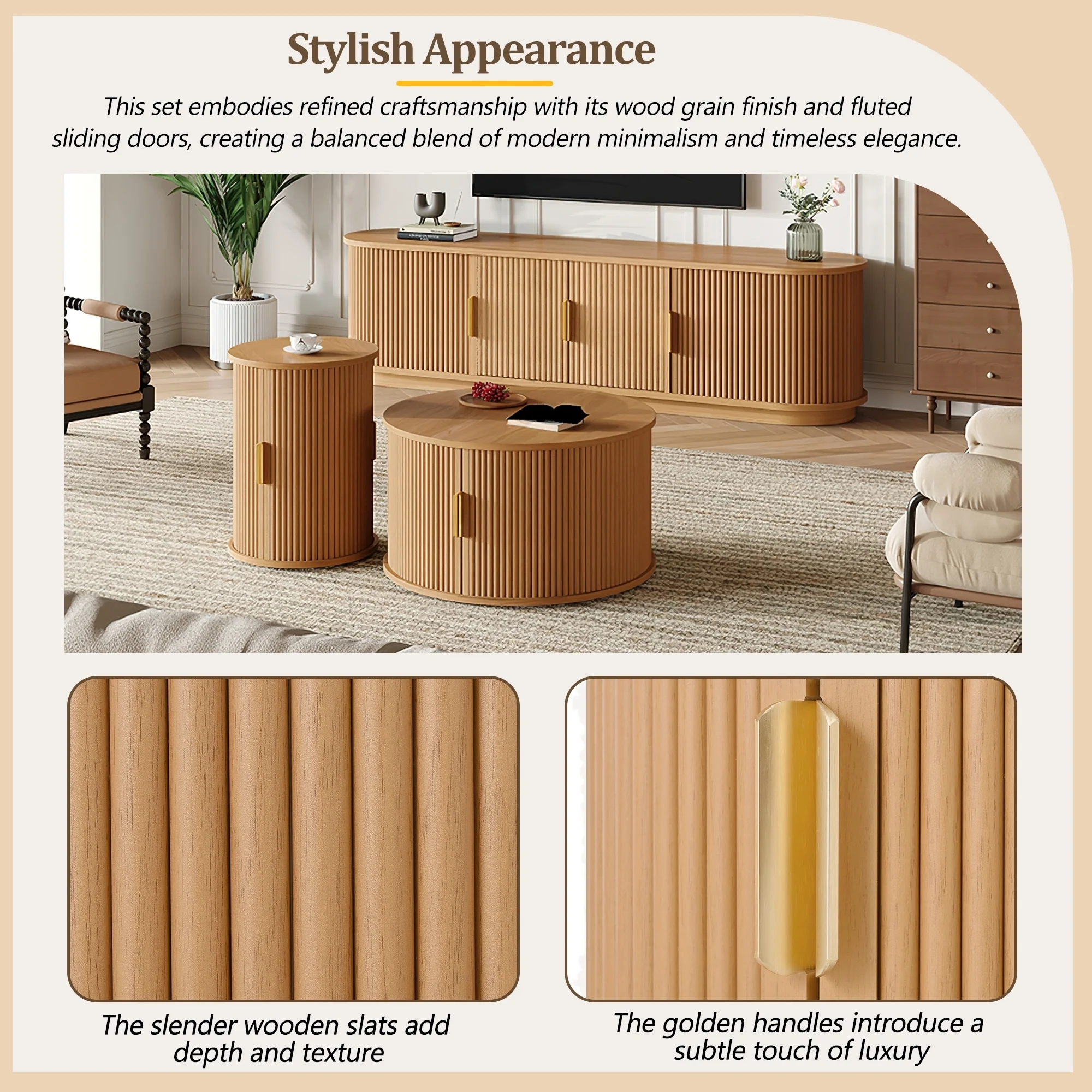 3 Piece Fluted Teak TV Stand & Coffee Table Set with Storage - Image 7