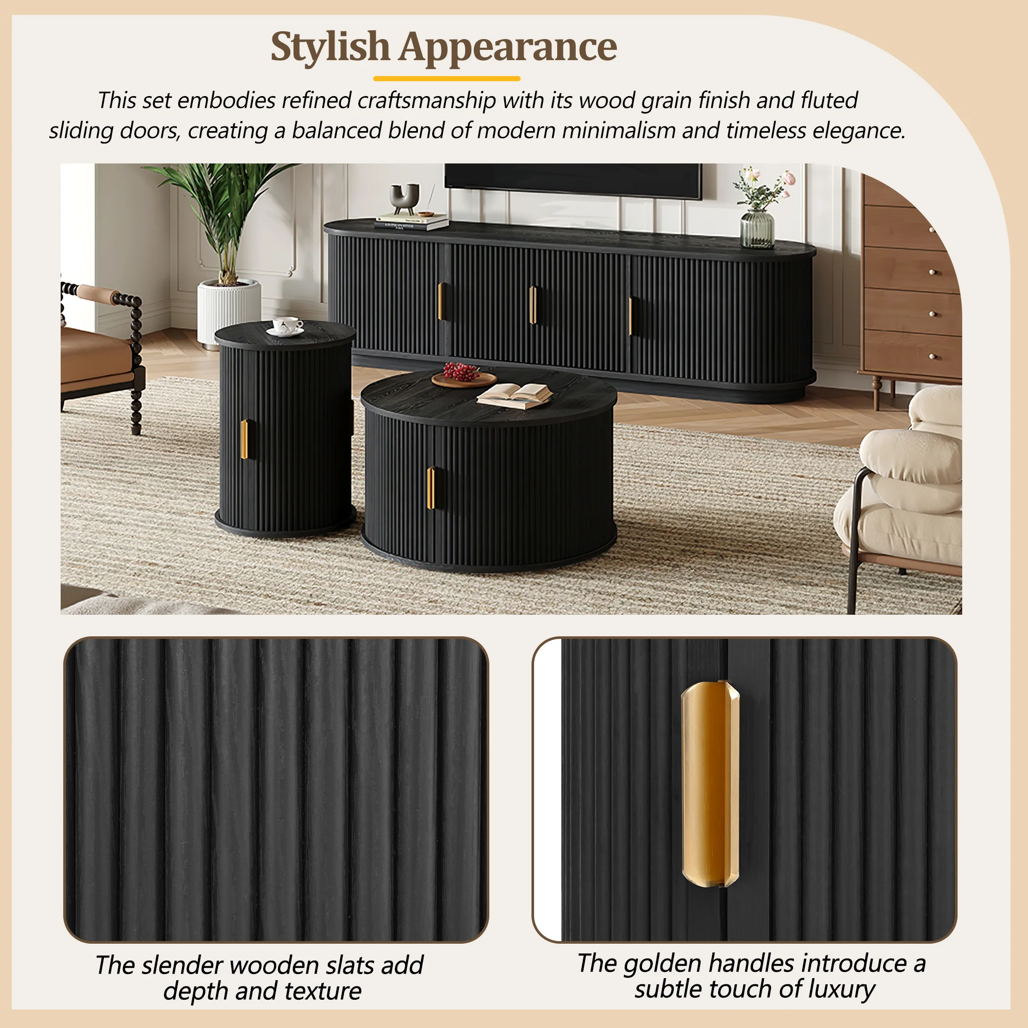3 Piece Fluted Teak TV Stand & Coffee Table Set with Storage - Image 75