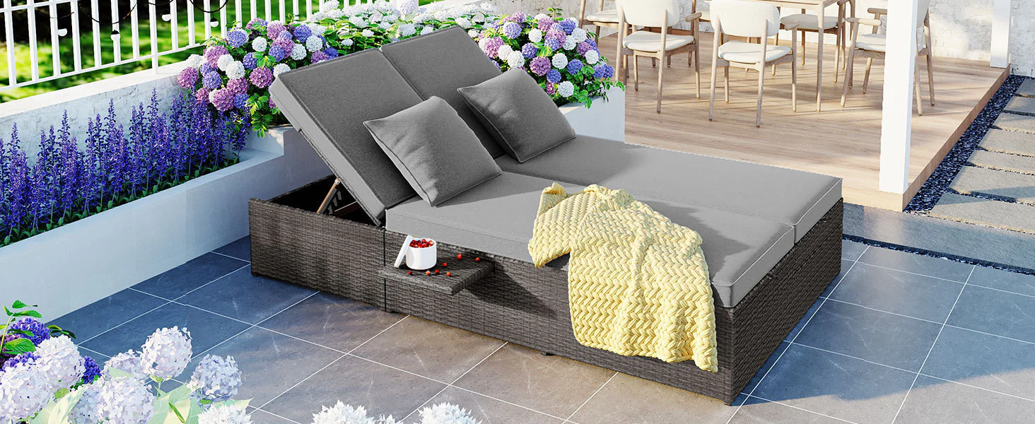 Walker Edison | Wicker Outdoor Double Sunbed Set - Image 31