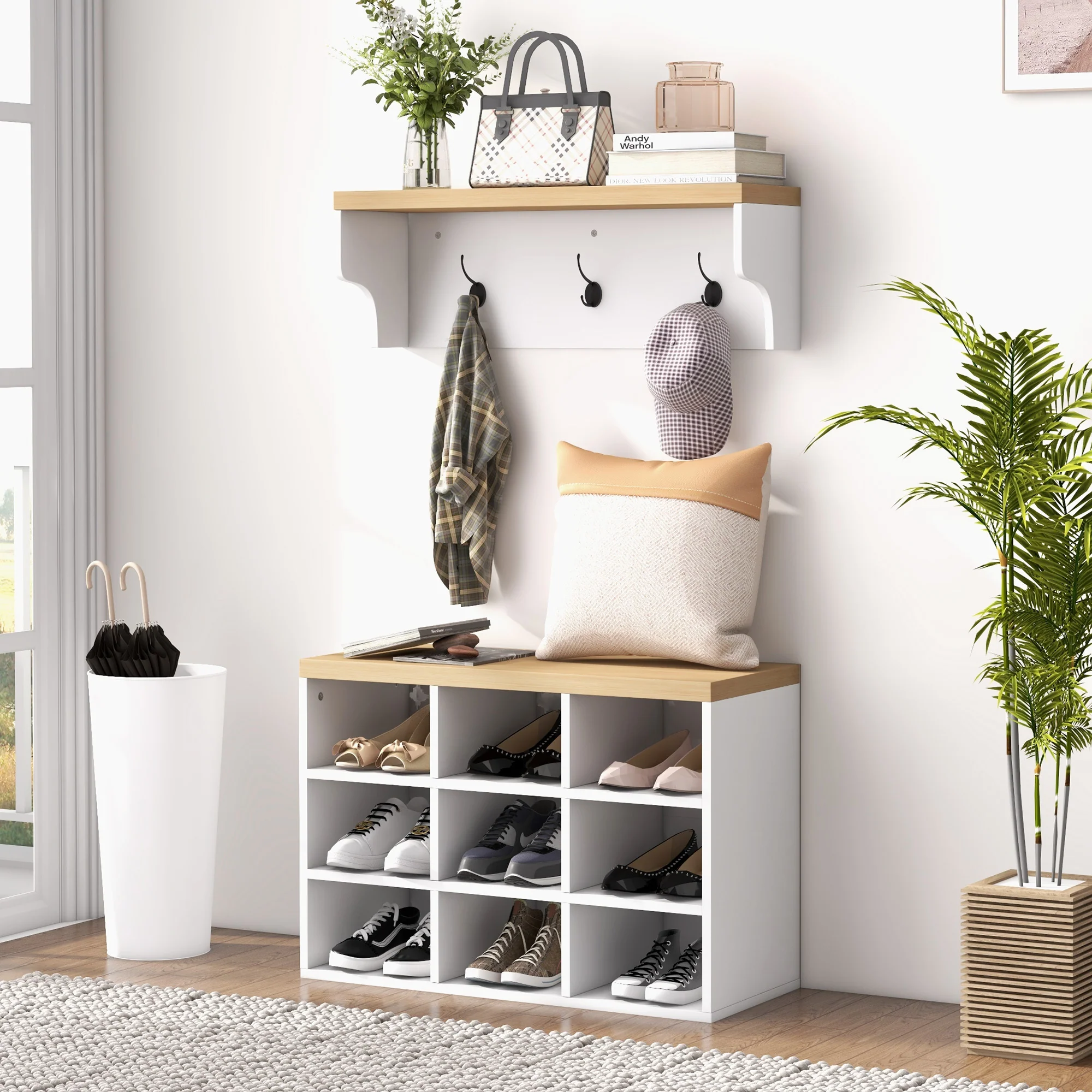 Walker Edison | Entryway 2-in-1 Coat Rack and Shoe Bench Set - Image 7