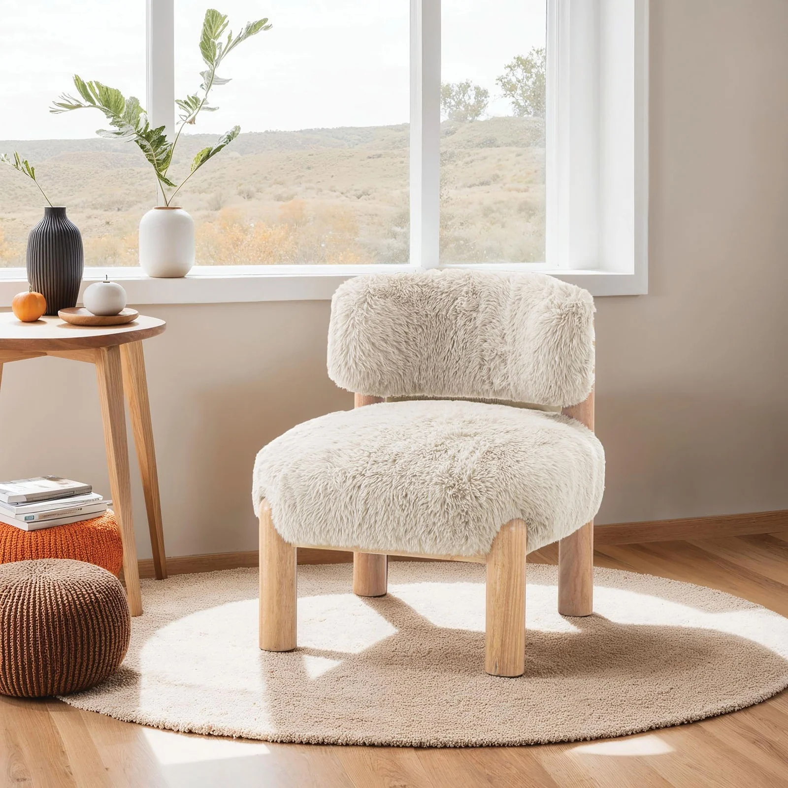 Contemporary Style Accent Chair Curved Backrest Wooden Legs Fur Fabric Taupe Finish Primary Living Room - Image 5