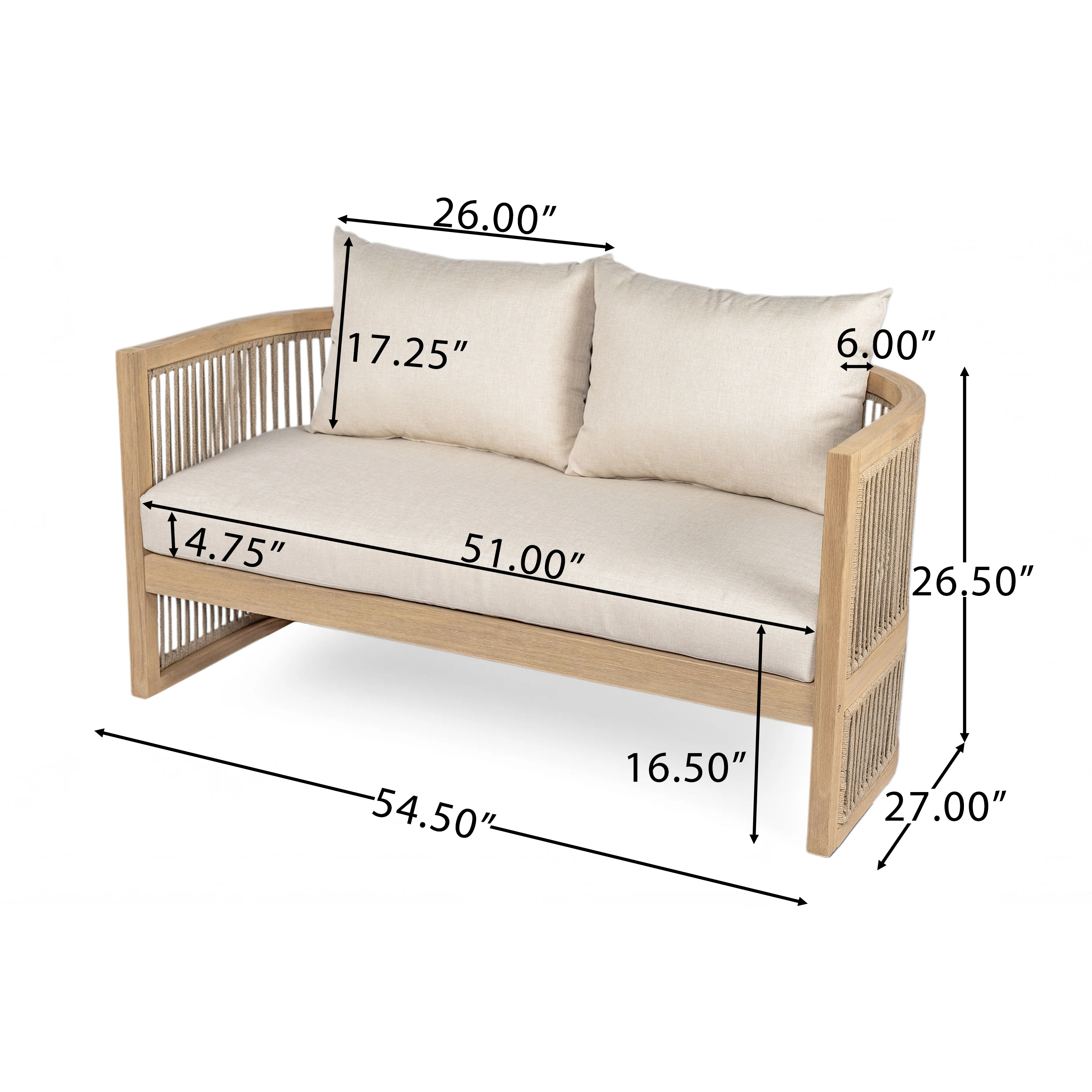 Walker Edison | 54.4'' Outdoor Acacia Wood Loveseat with Cushions - Image 3