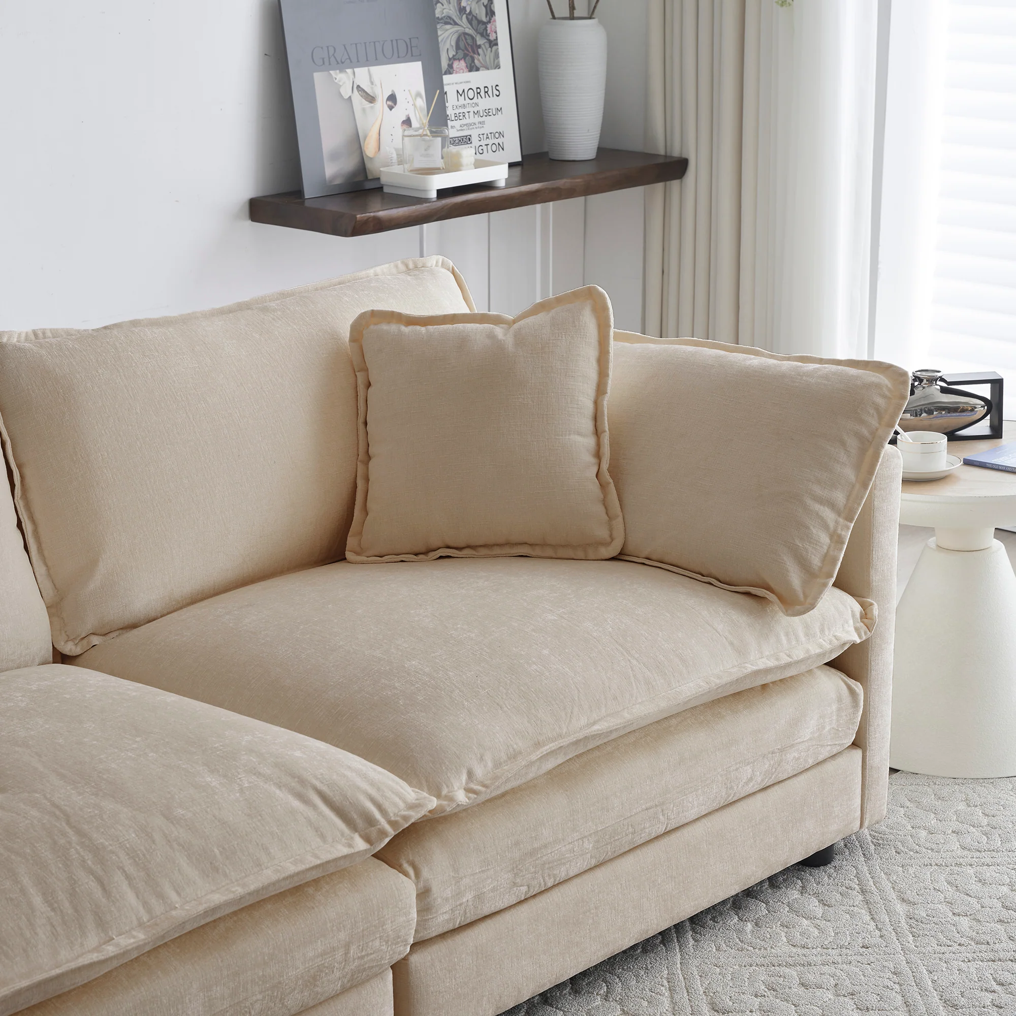 Mid-Century Modern Couch 3-Seater Sofa with 2 Armrest Pillows and 3 Toss Pillows, Couch for Living Room Beige Chenille - Image 2