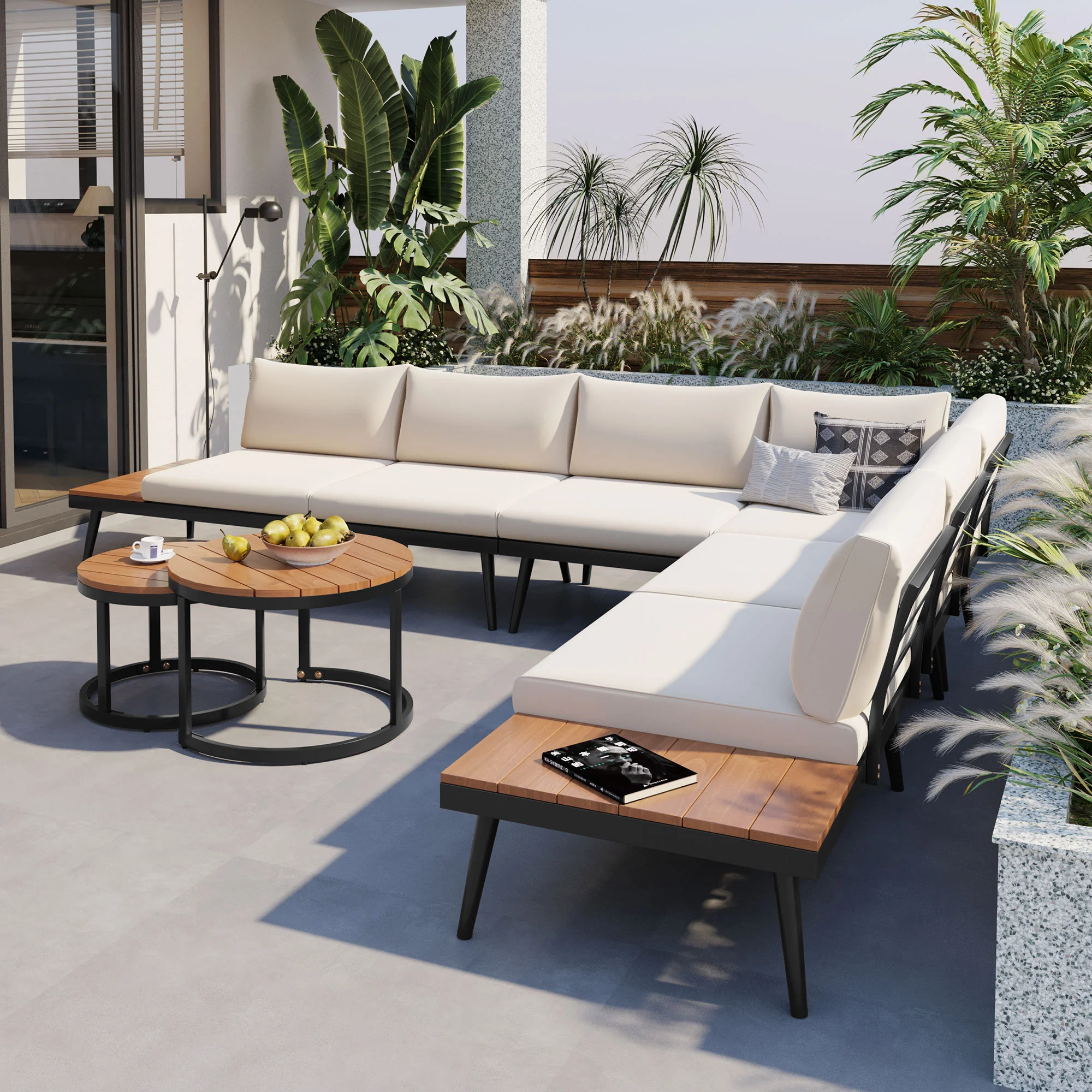 Walker Edison | 6-Piece Outdoor Sectional Sofa Set with Nesting Coffee Tables Beige - Image 4
