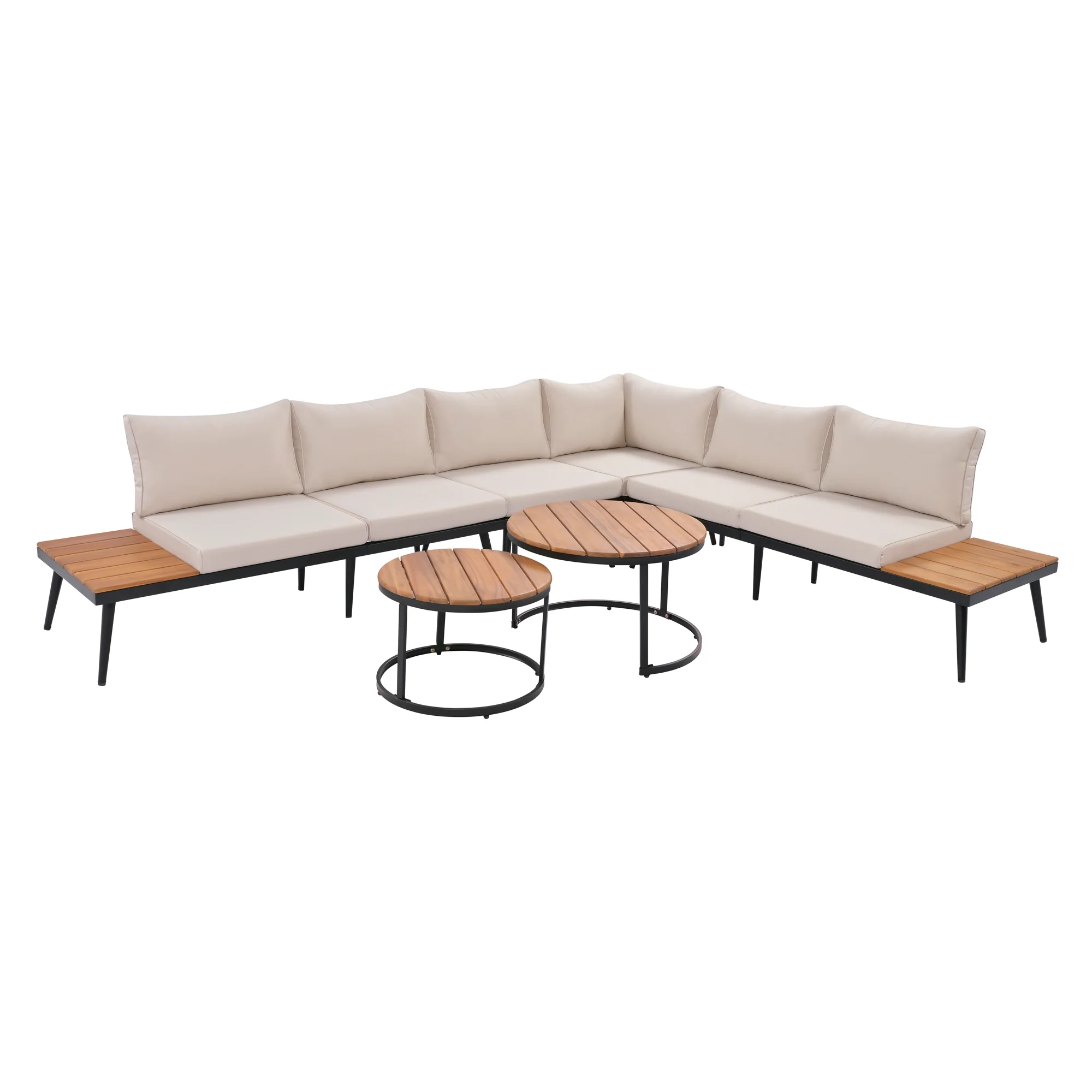 Walker Edison | 6-Piece Outdoor Sectional Sofa Set with Nesting Coffee Tables Beige - Image 50