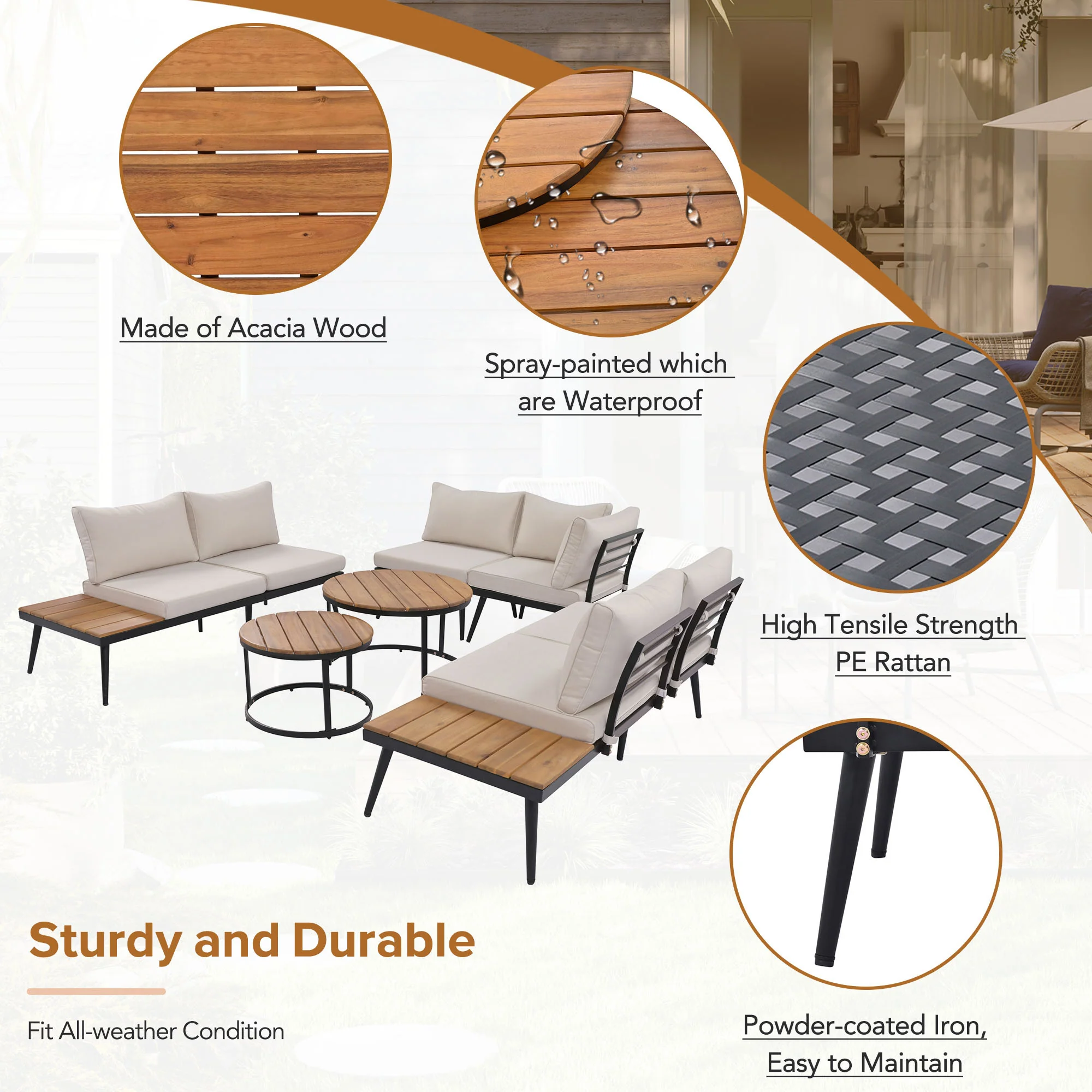 Walker Edison | 6-Piece Outdoor Sectional Sofa Set with Nesting Coffee Tables Beige - Image 7