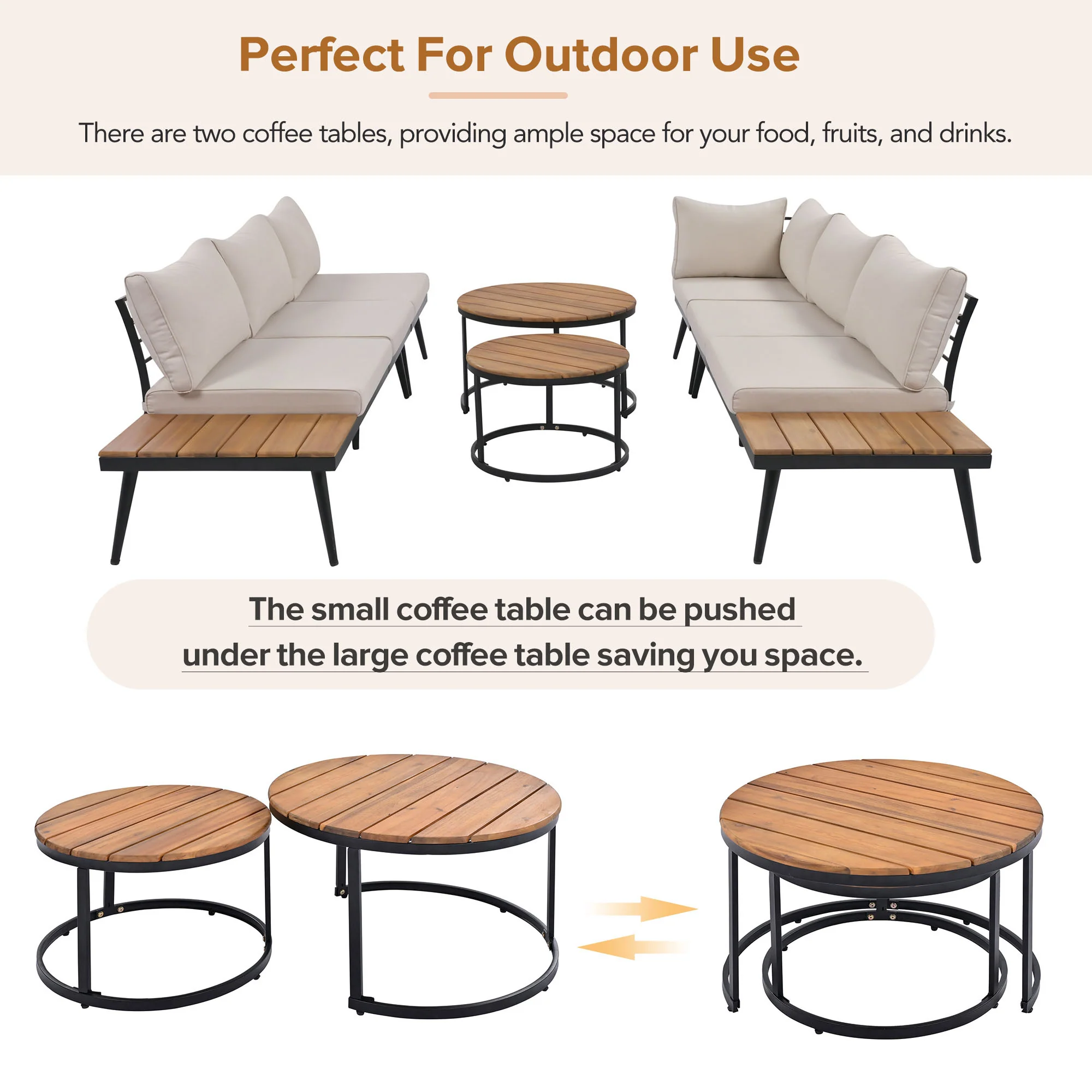 Walker Edison | 6-Piece Outdoor Sectional Sofa Set with Nesting Coffee Tables Beige - Image 9