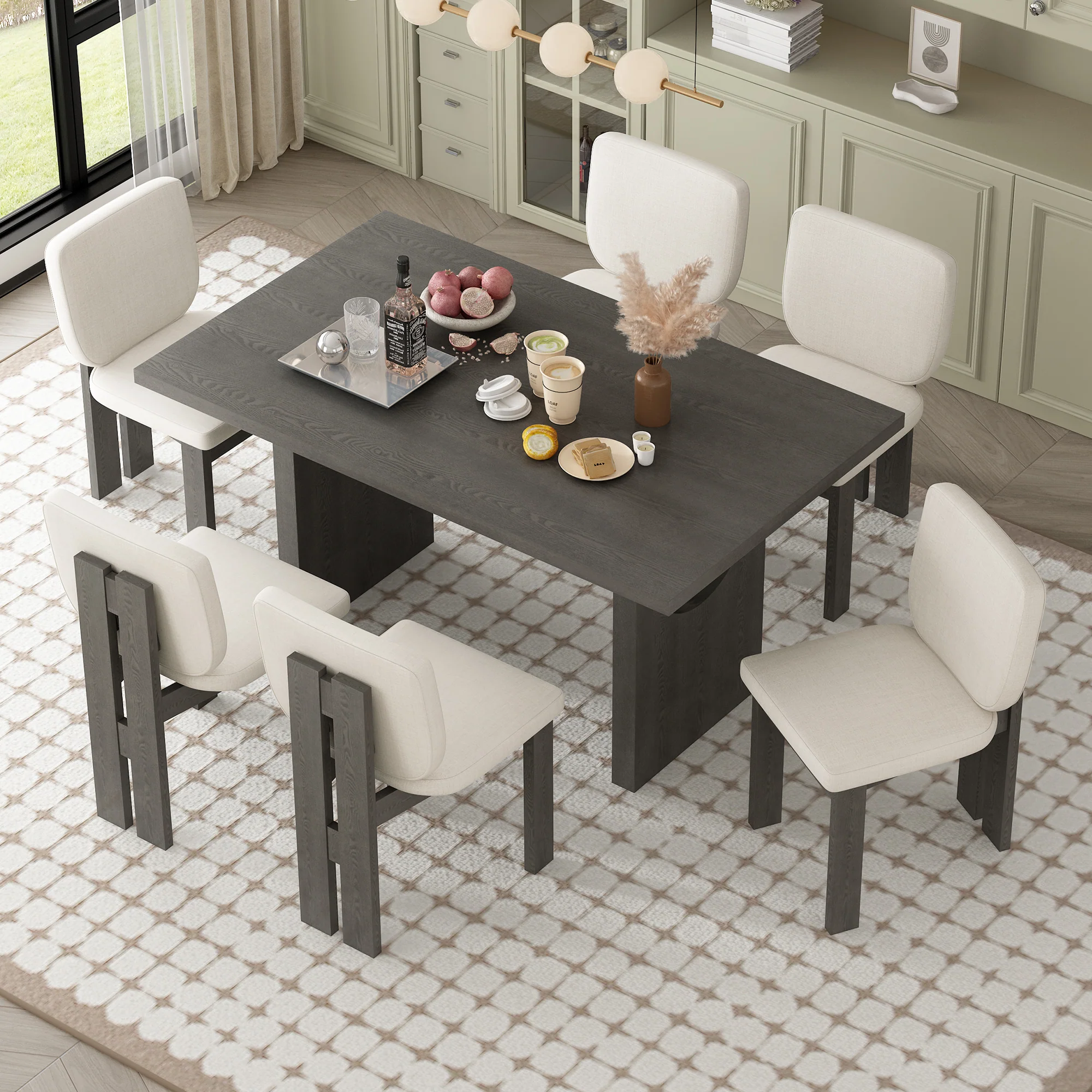 Walker Edison | 60' Wood 7-Piece Retro Dining Table Set for 6 with Upholstered Chairs