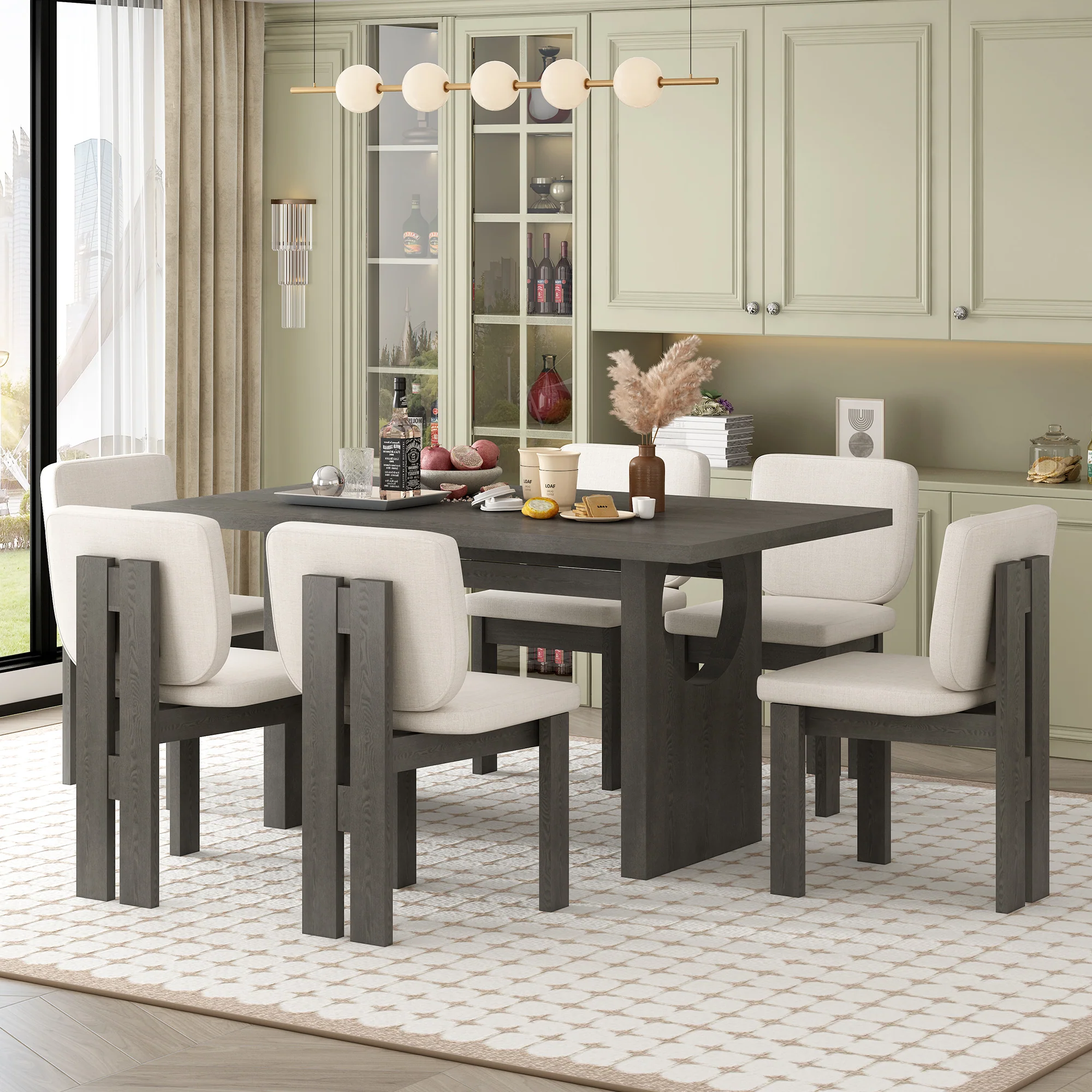 Walker Edison | 60' Wood 7-Piece Retro Dining Table Set for 6 with Upholstered Chairs - Image 2