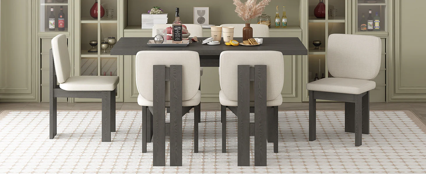 Walker Edison | 60' Wood 7-Piece Retro Dining Table Set for 6 with Upholstered Chairs - Image 20