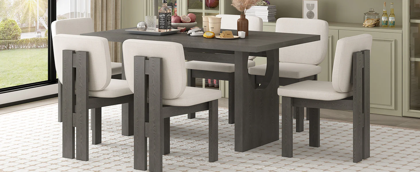 Walker Edison | 60' Wood 7-Piece Retro Dining Table Set for 6 with Upholstered Chairs - Image 21