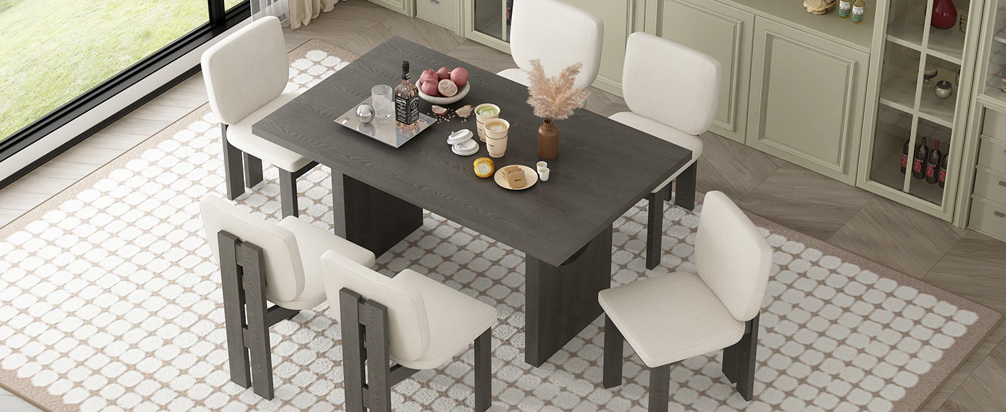 Walker Edison | 60' Wood 7-Piece Retro Dining Table Set for 6 with Upholstered Chairs - Image 22