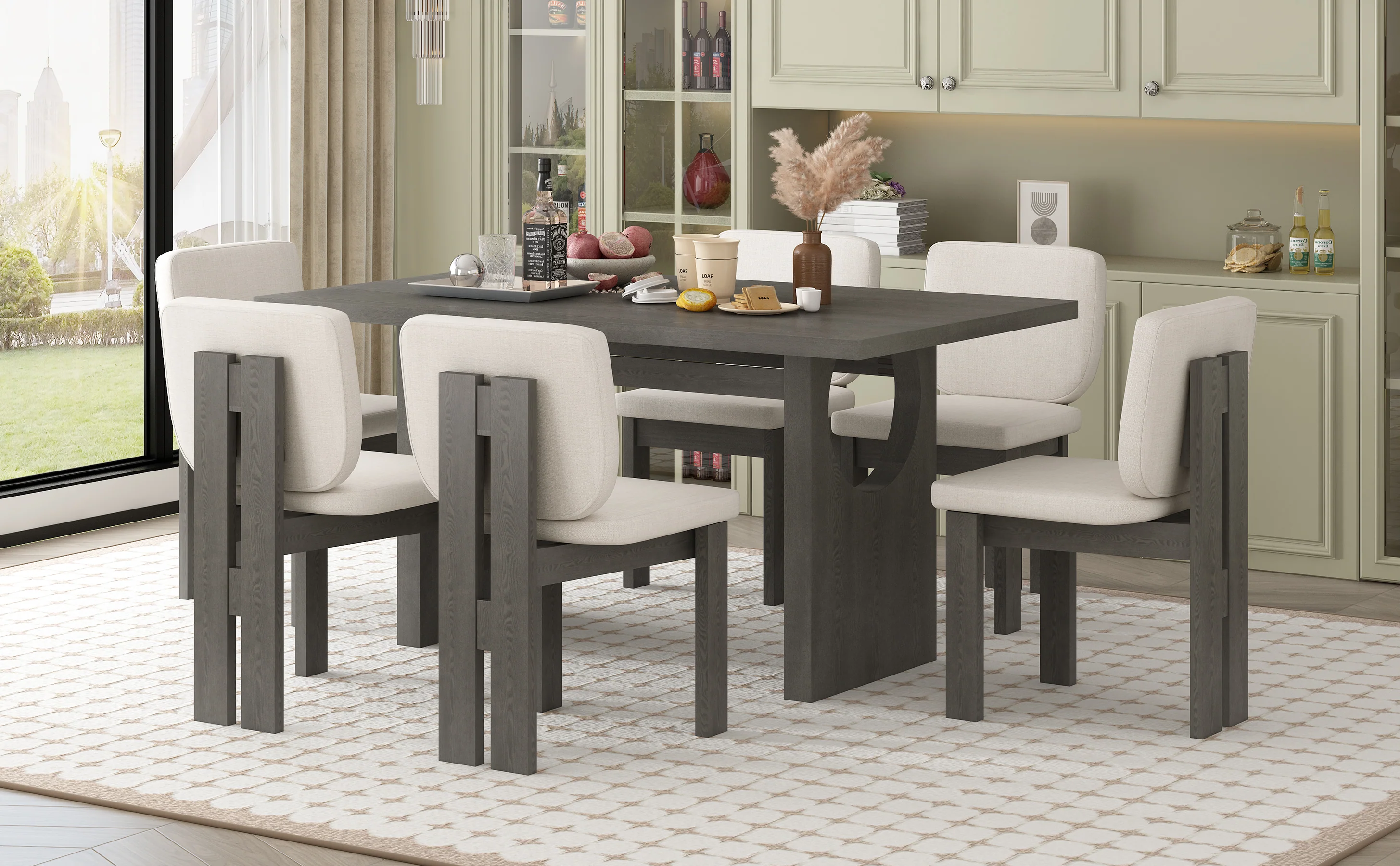 Walker Edison | 60' Wood 7-Piece Retro Dining Table Set for 6 with Upholstered Chairs - Image 23