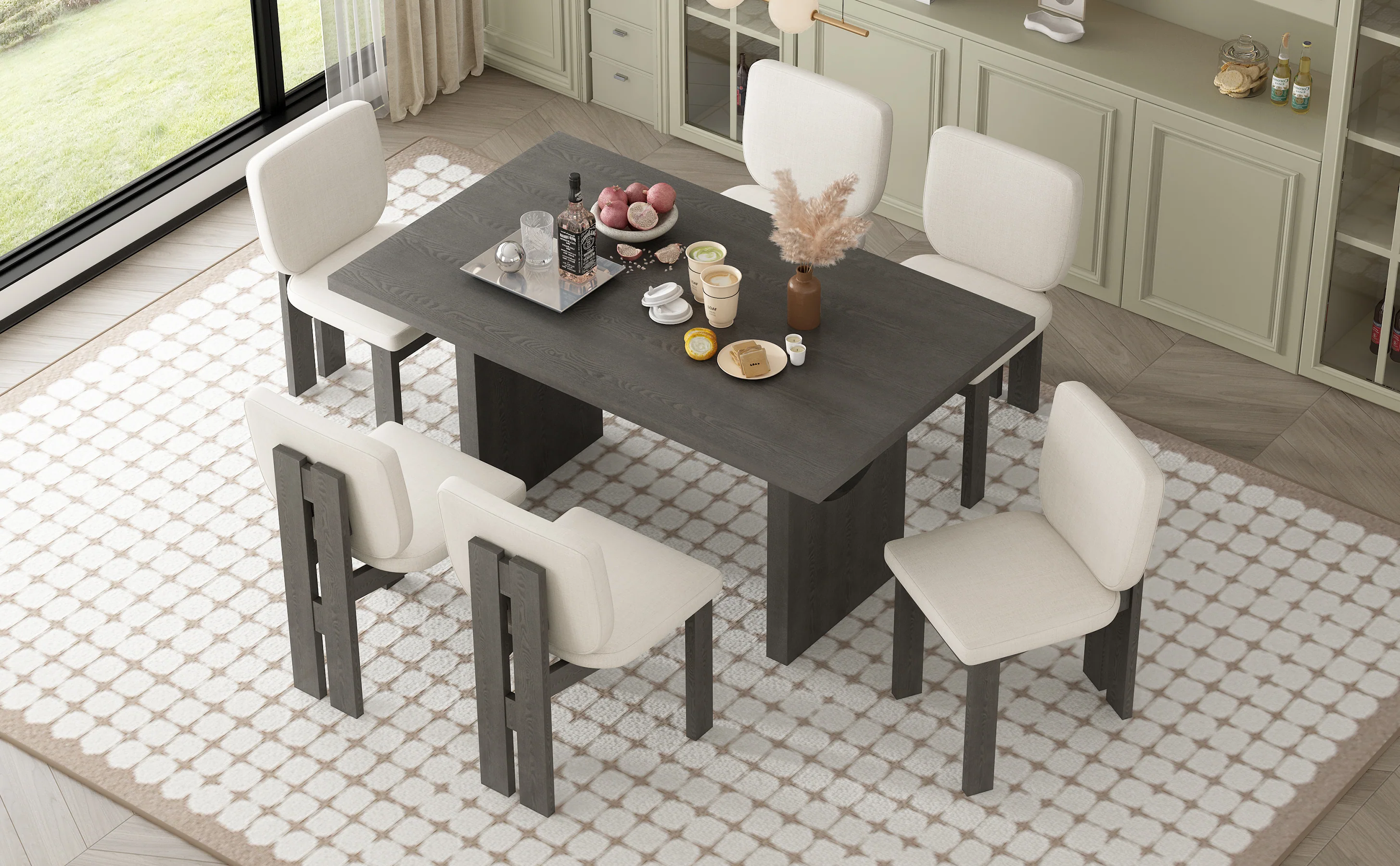 Walker Edison | 60' Wood 7-Piece Retro Dining Table Set for 6 with Upholstered Chairs - Image 24