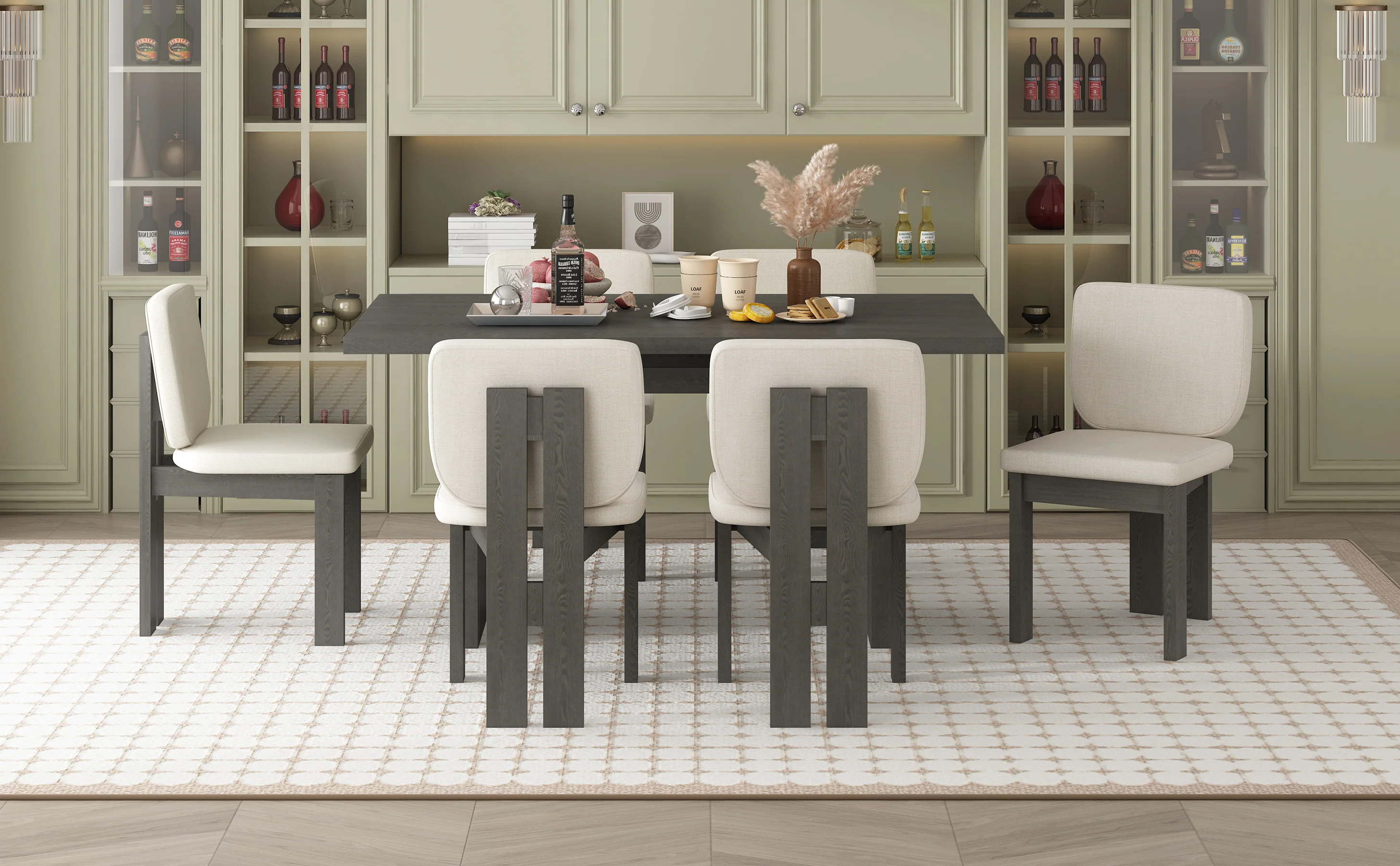 Walker Edison | 60' Wood 7-Piece Retro Dining Table Set for 6 with Upholstered Chairs - Image 25
