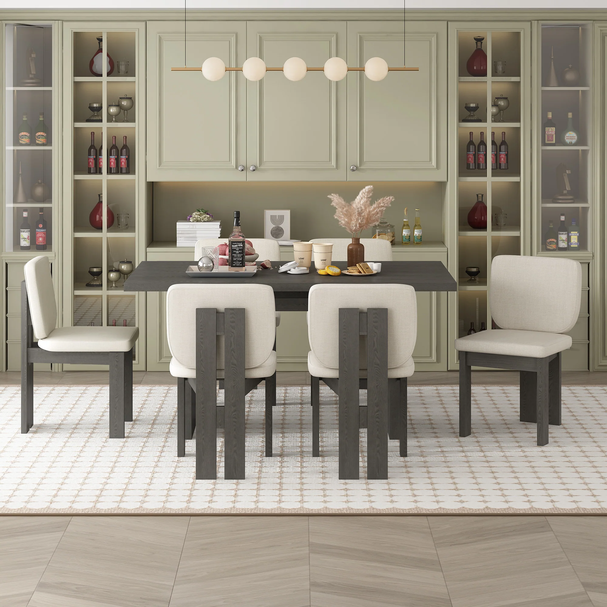 Walker Edison | 60' Wood 7-Piece Retro Dining Table Set for 6 with Upholstered Chairs - Image 3