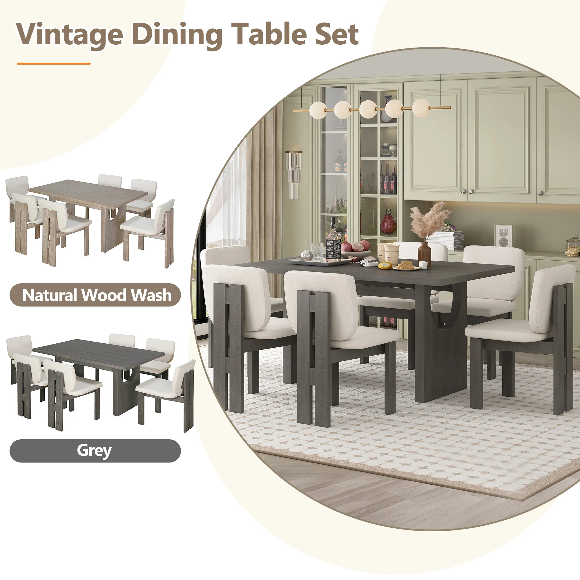 Walker Edison | 60' Wood 7-Piece Retro Dining Table Set for 6 with Upholstered Chairs - Image 5
