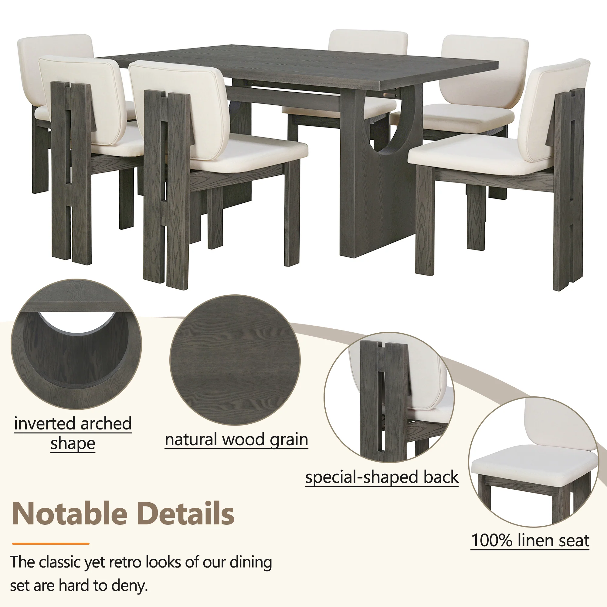 Walker Edison | 60' Wood 7-Piece Retro Dining Table Set for 6 with Upholstered Chairs - Image 6