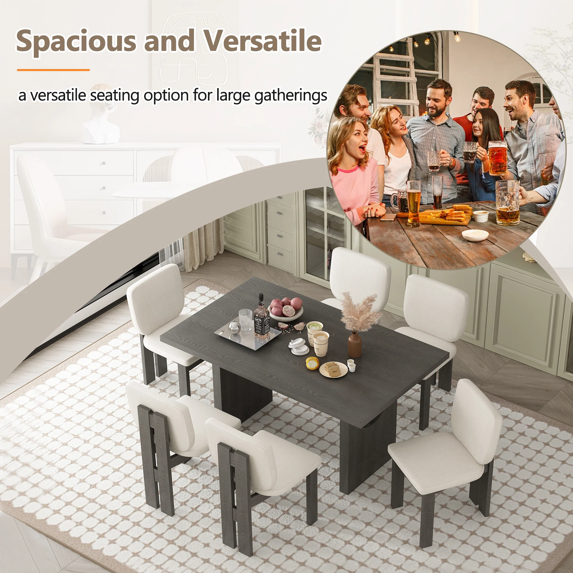 Walker Edison | 60' Wood 7-Piece Retro Dining Table Set for 6 with Upholstered Chairs - Image 7