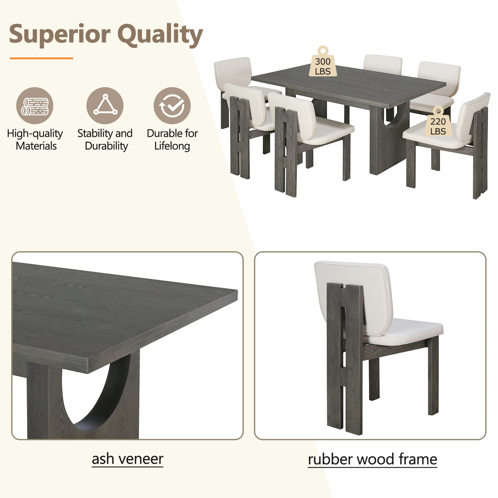 Walker Edison | 60' Wood 7-Piece Retro Dining Table Set for 6 with Upholstered Chairs - Image 8
